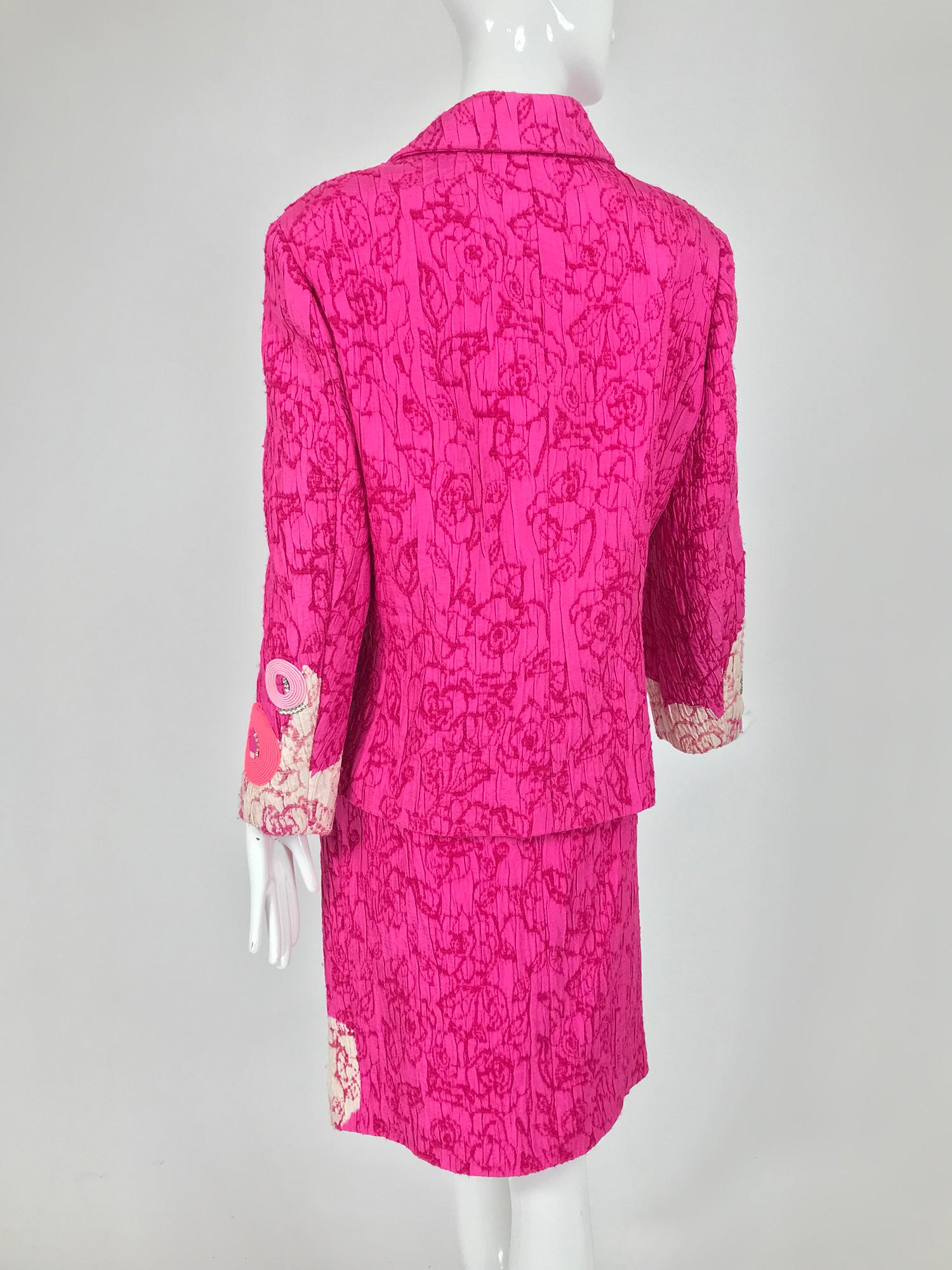 Christian Lacroix Pink Embroidered Silk Applique Skirt Suit 1990s For Sale 5