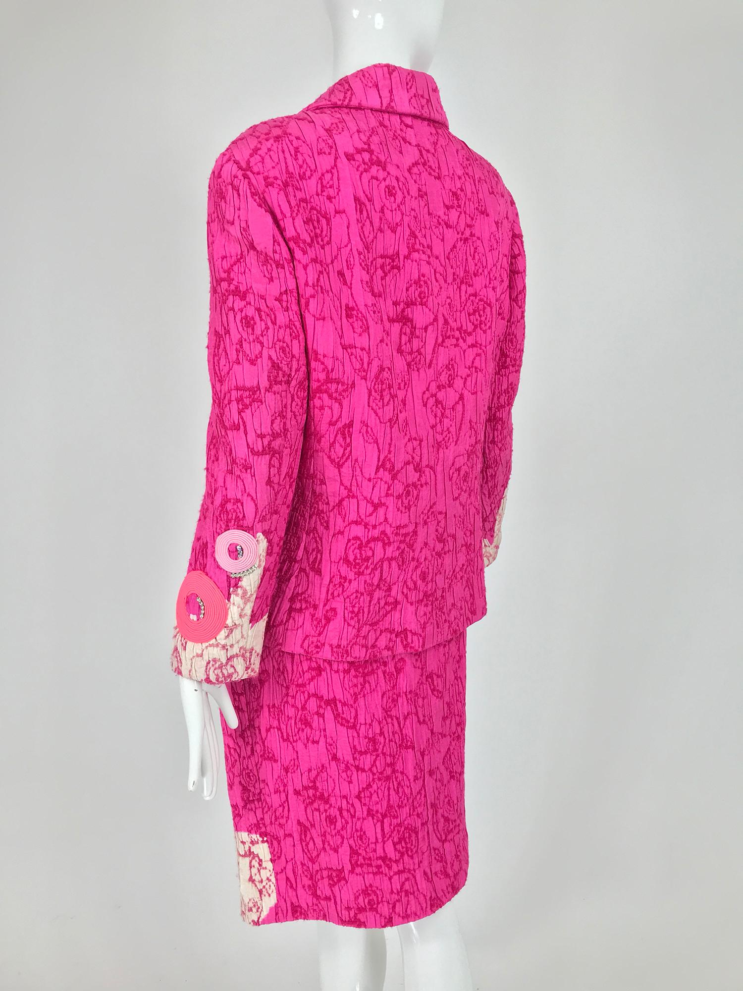 Christian Lacroix Pink Embroidered Silk Applique Skirt Suit 1990s For Sale 6
