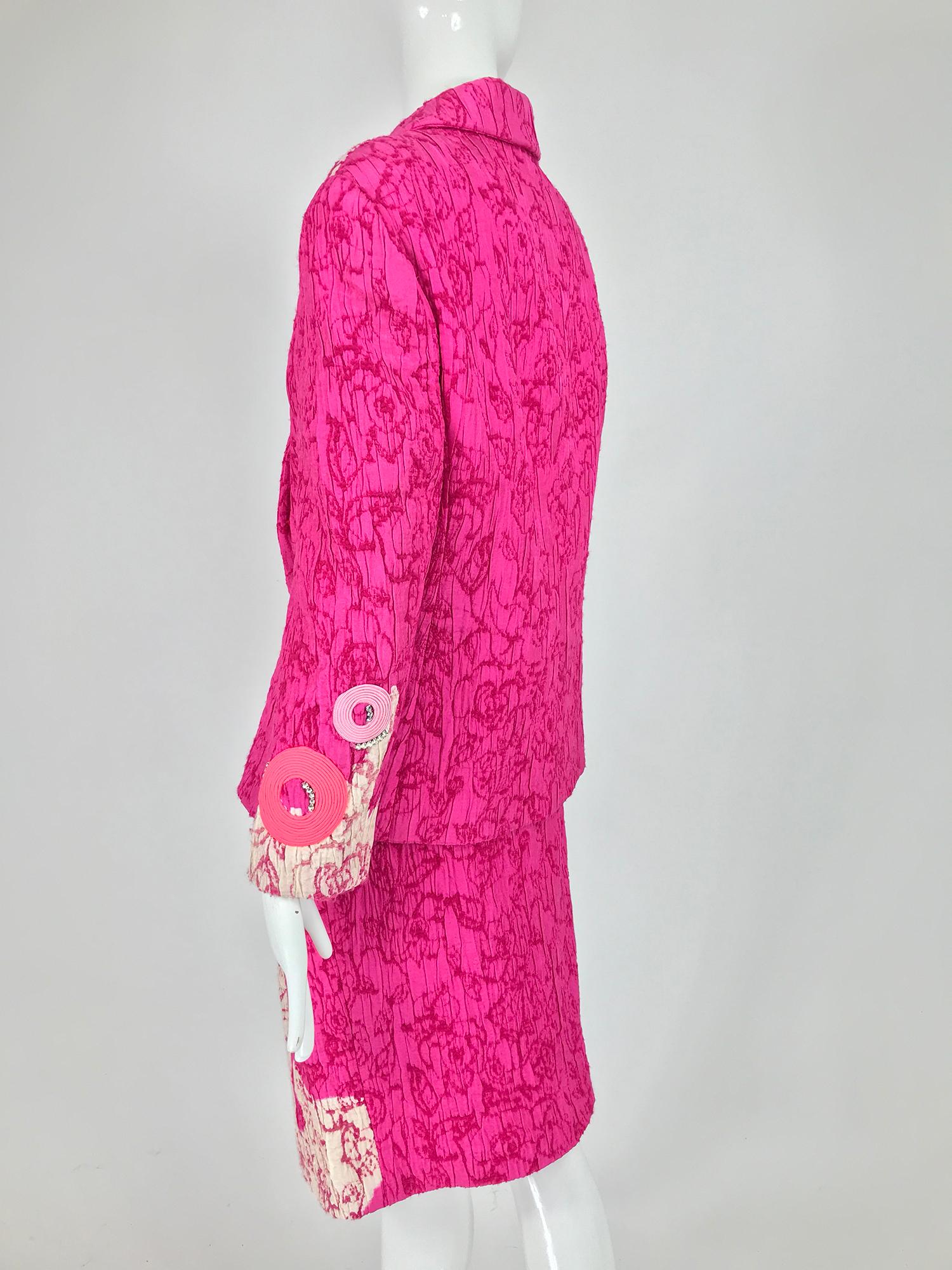 Christian Lacroix Pink Embroidered Silk Applique Skirt Suit 1990s For Sale 7