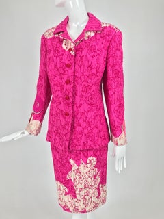 Christian Lacroix Pink Embroidered Silk Applique Skirt Suit 1990s