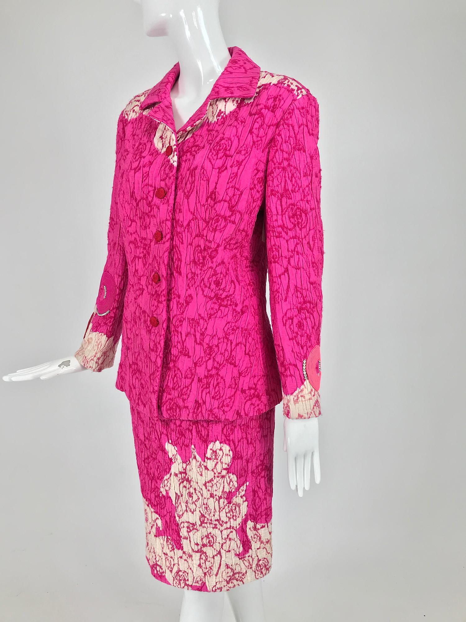 Christian Lacroix Pink Embroidered Silk Applique Skirt Suit 1990s In Good Condition For Sale In West Palm Beach, FL