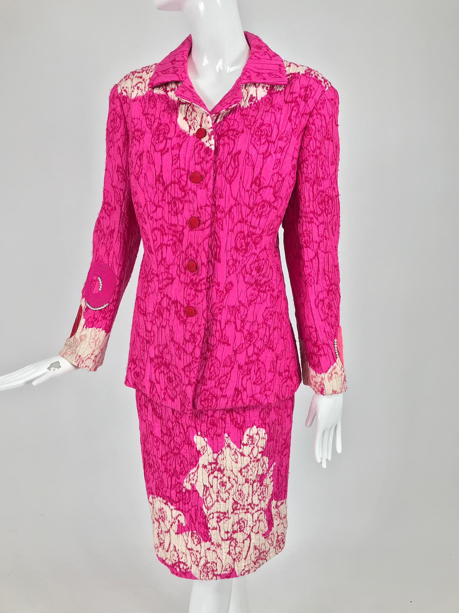 Women's Christian Lacroix Pink Embroidered Silk Applique Skirt Suit 1990s For Sale