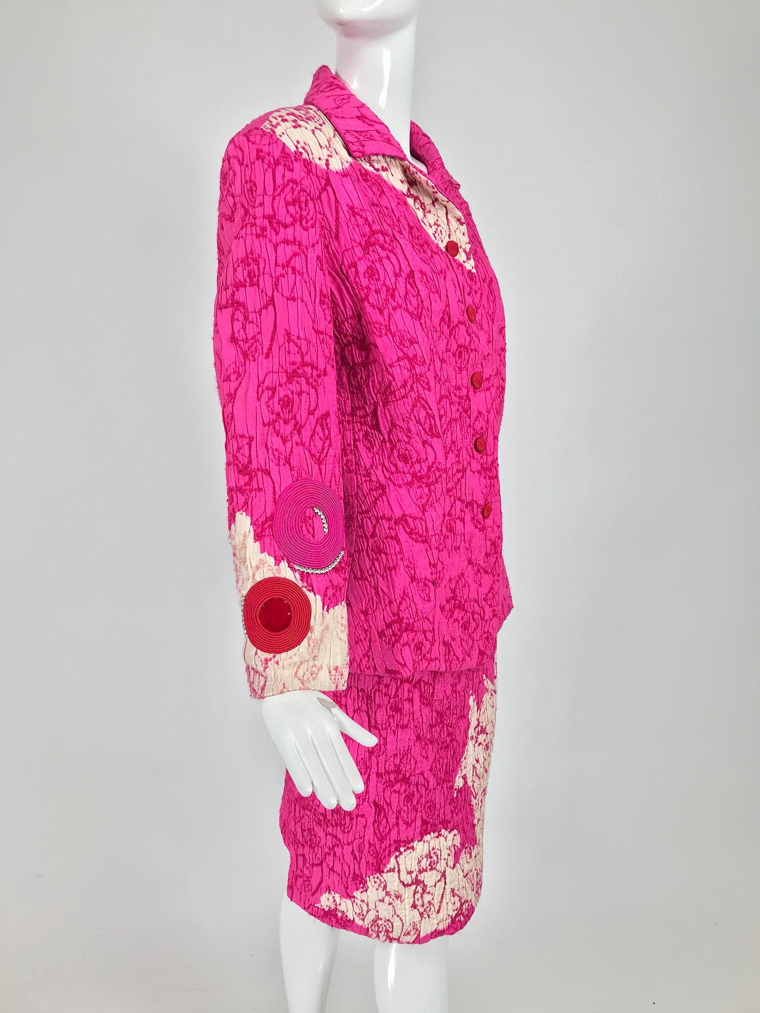 Christian Lacroix Pink Embroidered Silk Applique Skirt Suit 1990s For Sale 2