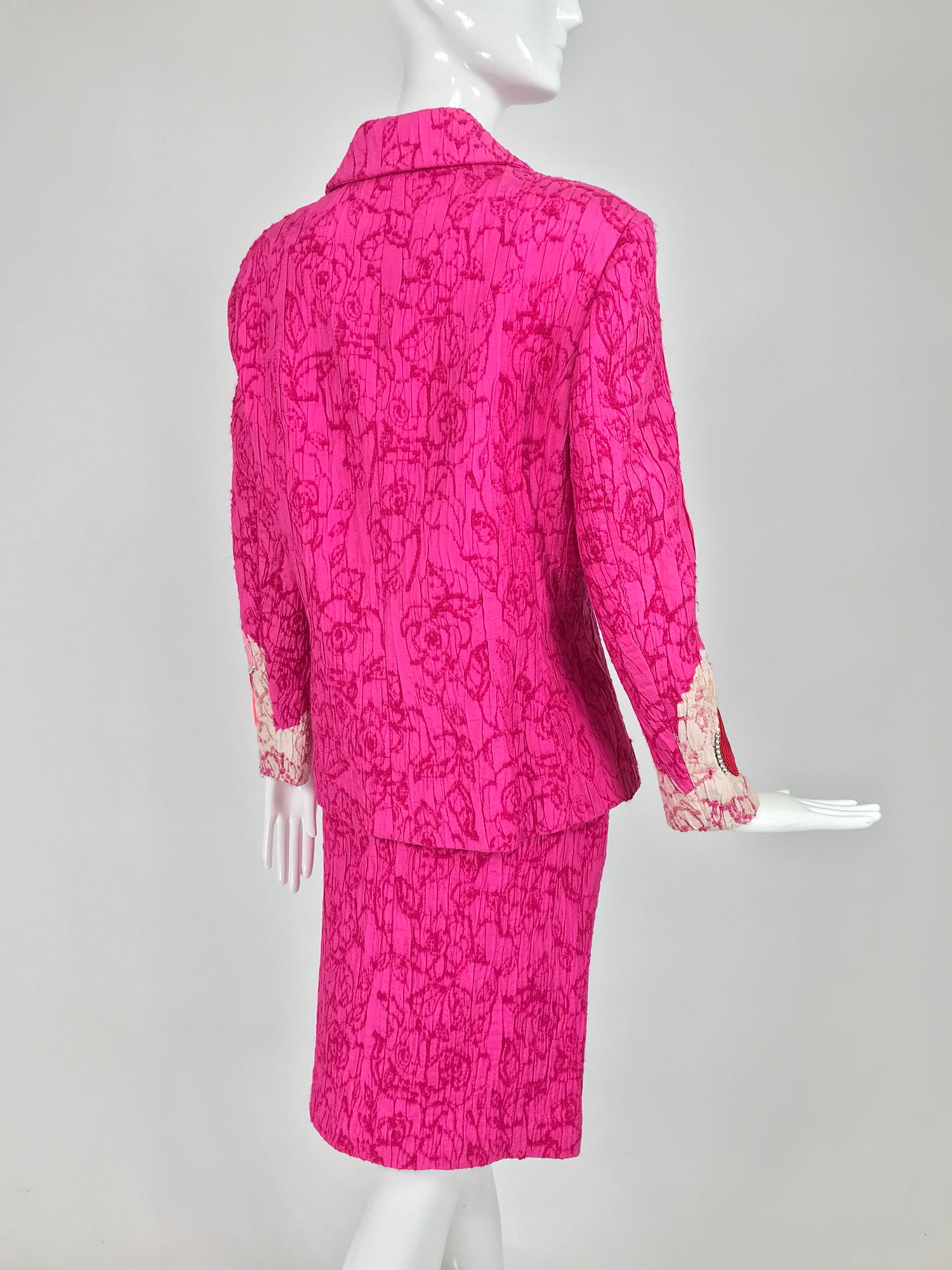 Christian Lacroix Pink Embroidered Silk Applique Skirt Suit 1990s For Sale 3