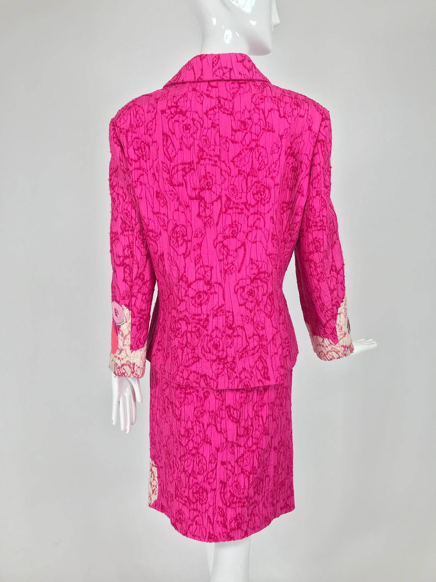 Christian Lacroix Pink Embroidered Silk Applique Skirt Suit 1990s For Sale 4