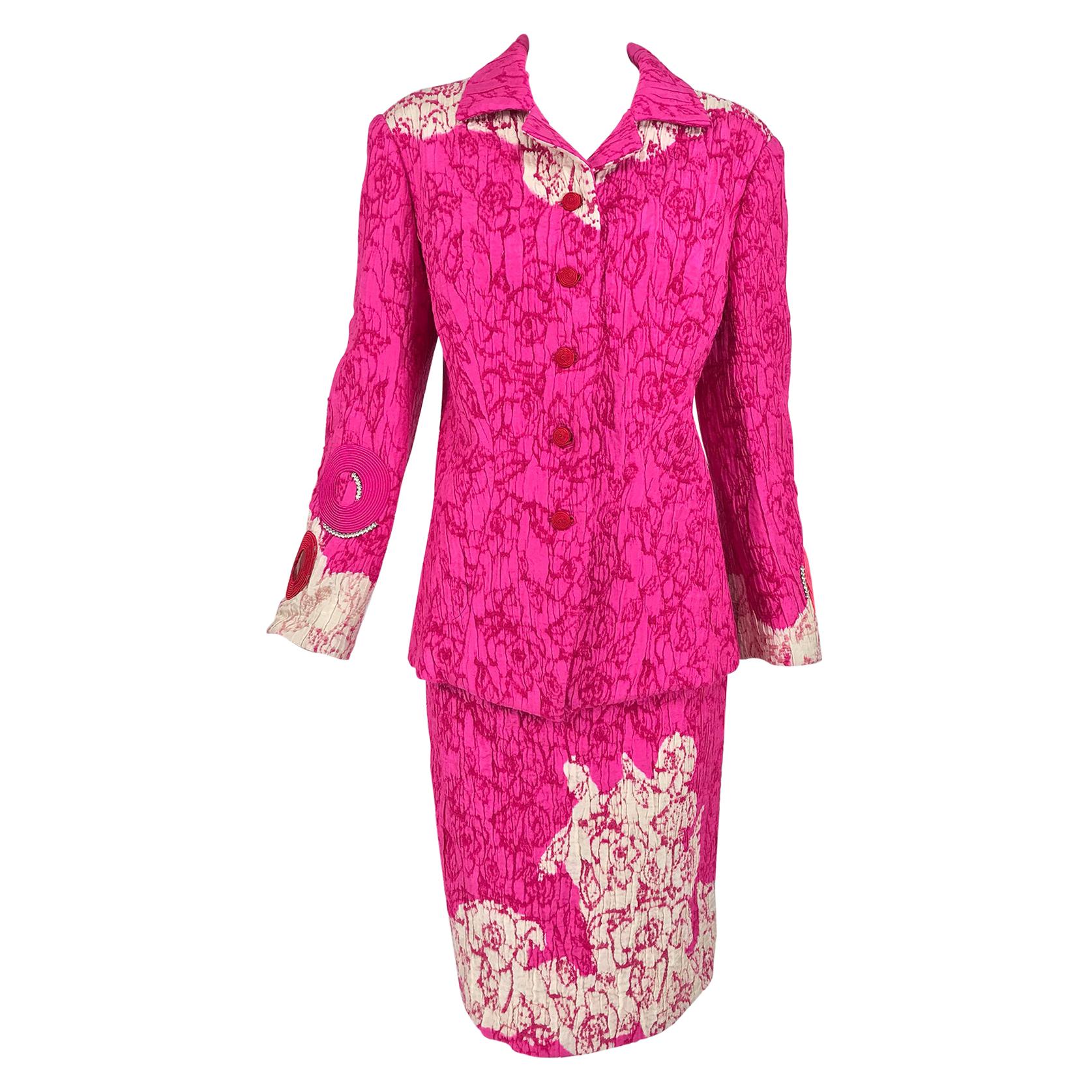 Christian Lacroix Pink Embroidered Silk Applique Skirt Suit 1990s For Sale