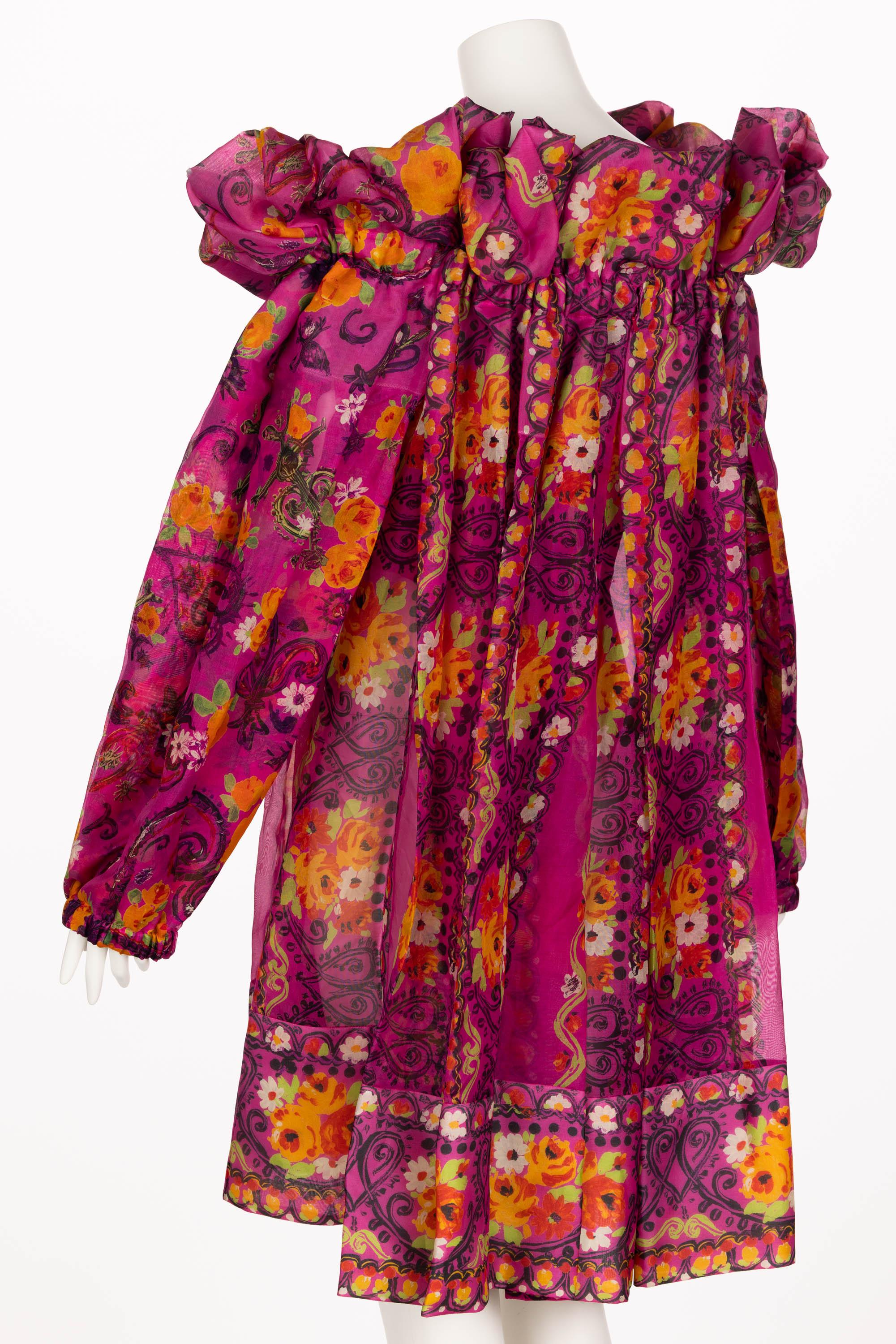 Christian Lacroix Pink Print Silk Ruffle Dress S/S 1992 In Excellent Condition For Sale In Boca Raton, FL