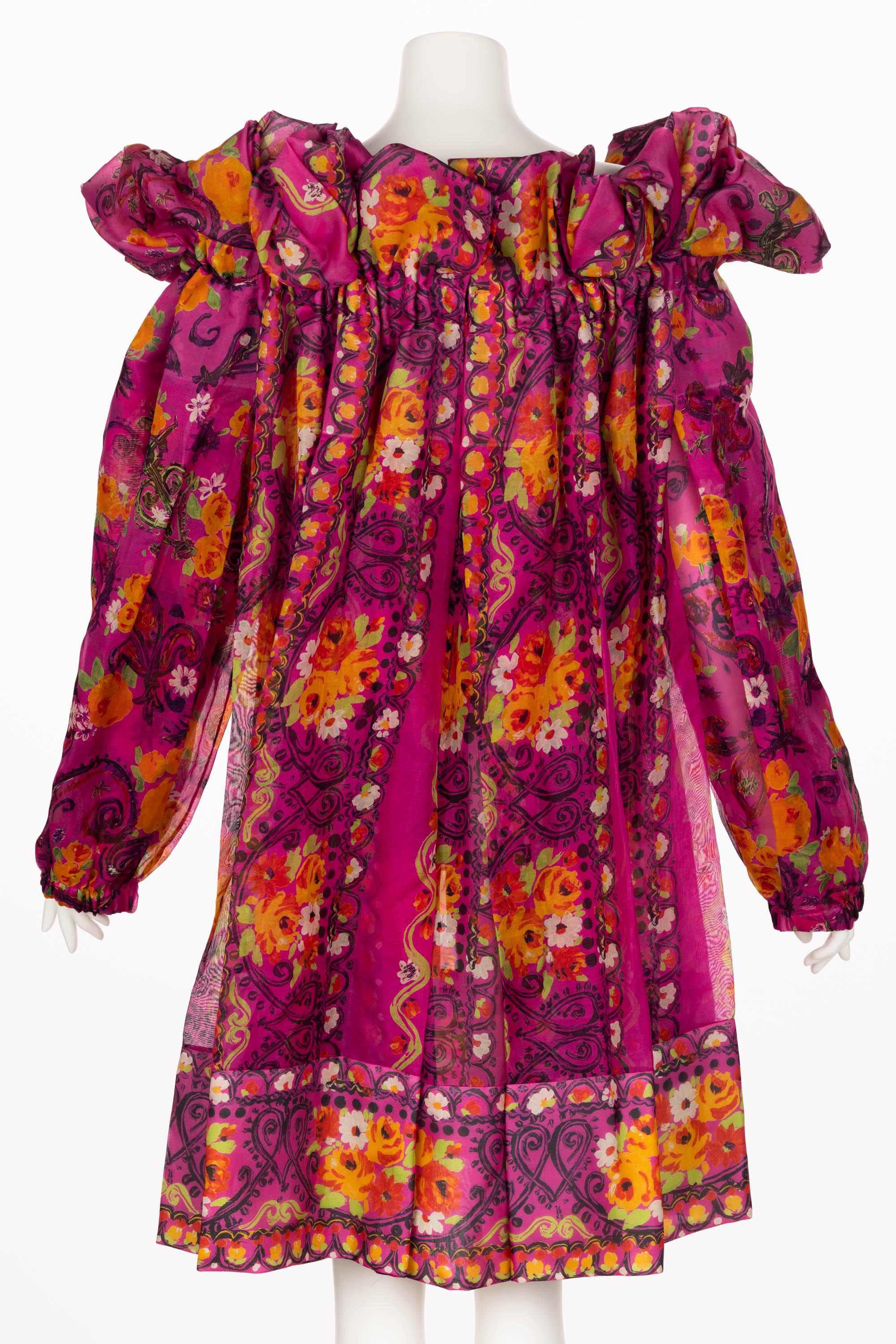 Women's Christian Lacroix Pink Print Silk Ruffle Dress S/S 1992 For Sale