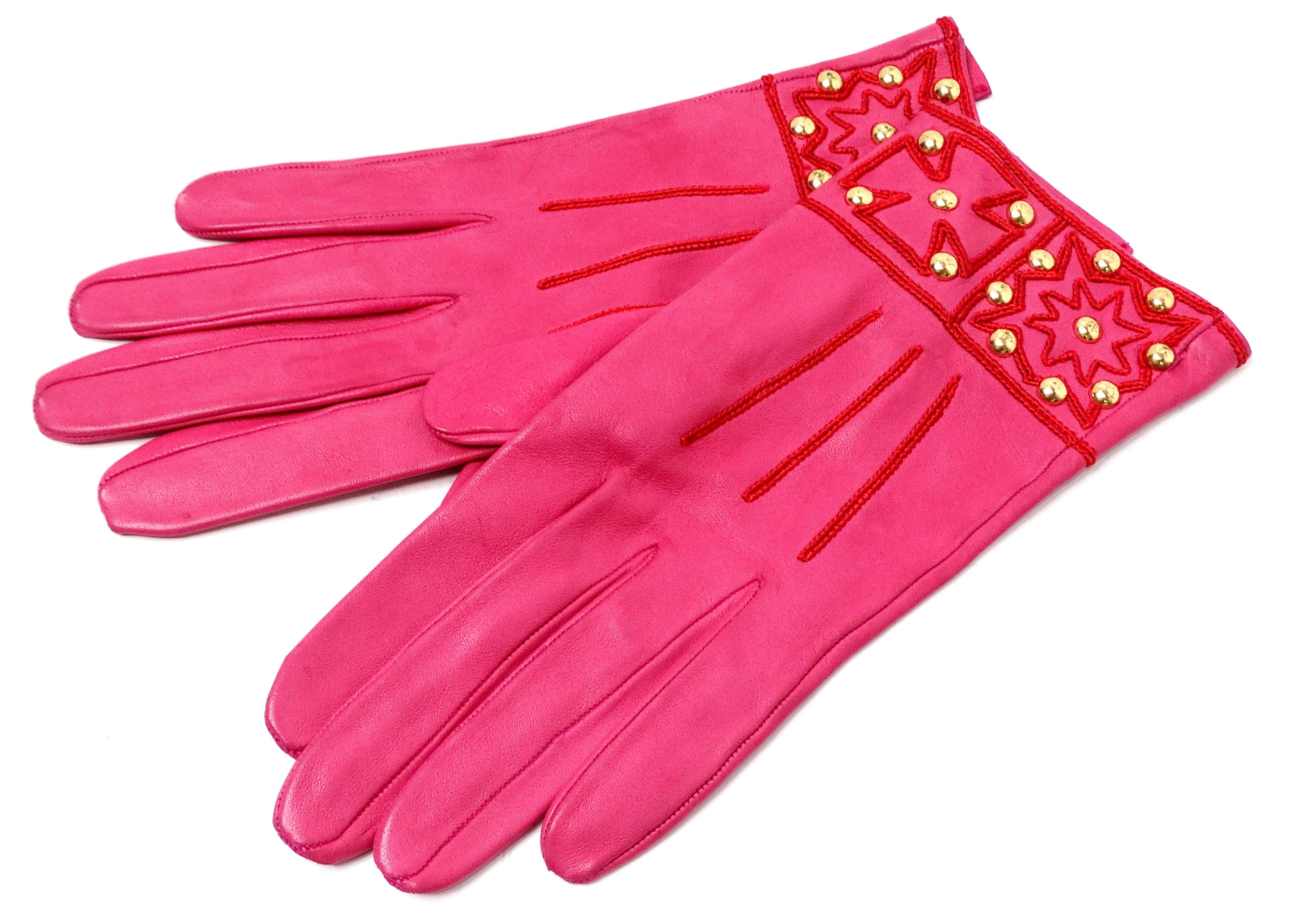 Christian Lacroix Gants en cuir brodé rose et rouge, circa 1990 en vente 3