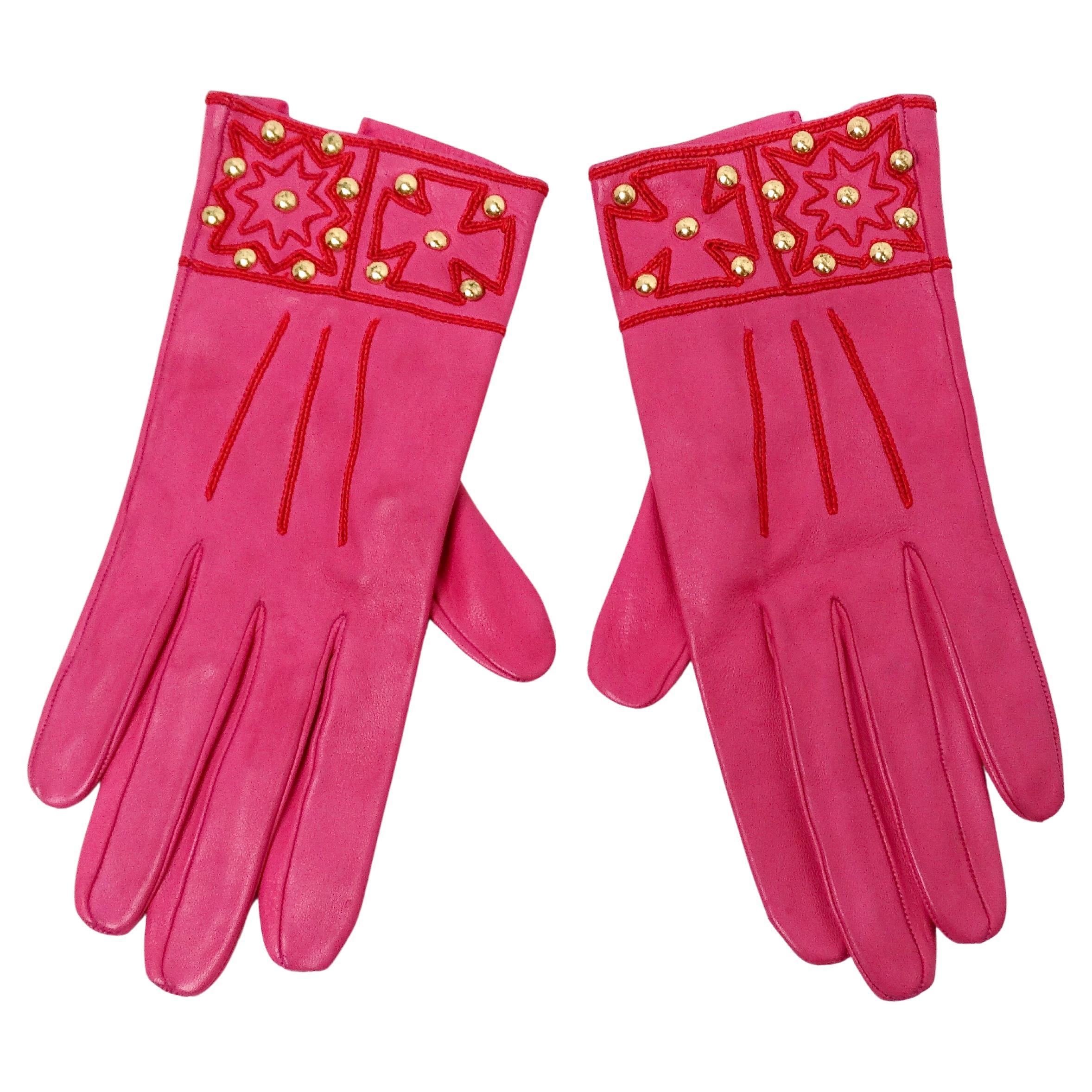 Christian Lacroix Gants en cuir brodé rose et rouge, circa 1990 en vente