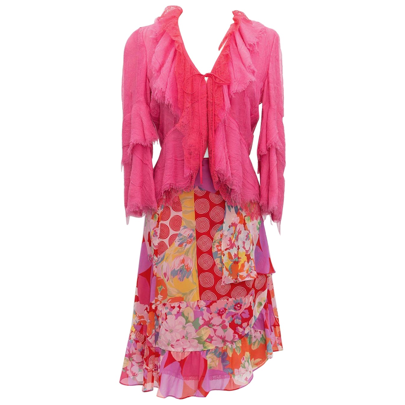 Christian Lacroix Pink Set in Lace and Silk Crepe For Sale