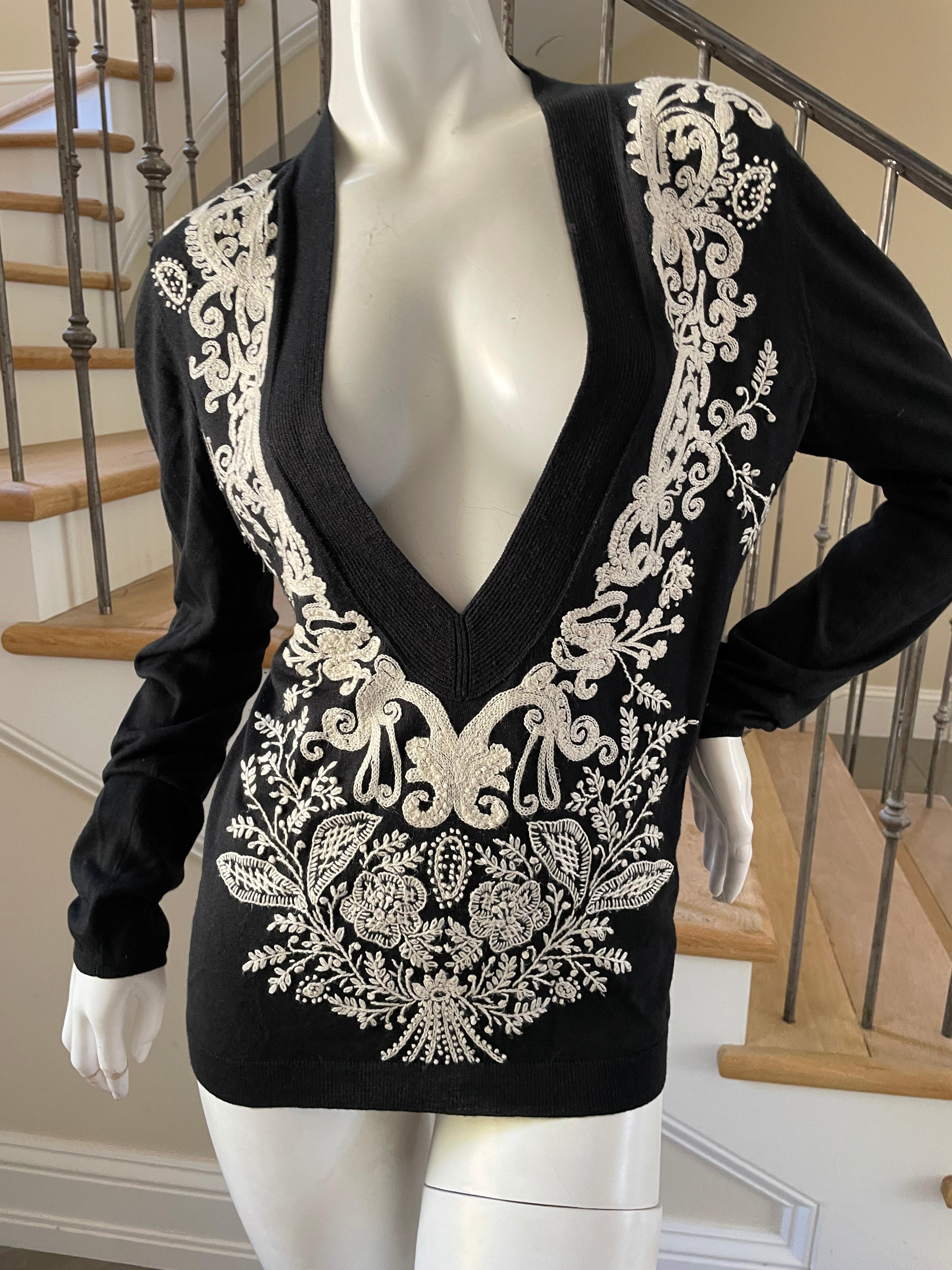 Christian Lacroix Plunging Vintage Black  Cashmere Silk Blend Embroidered Top
Much prettier in person, very soft wool silk cashmere blend
Size L
 Bust 40