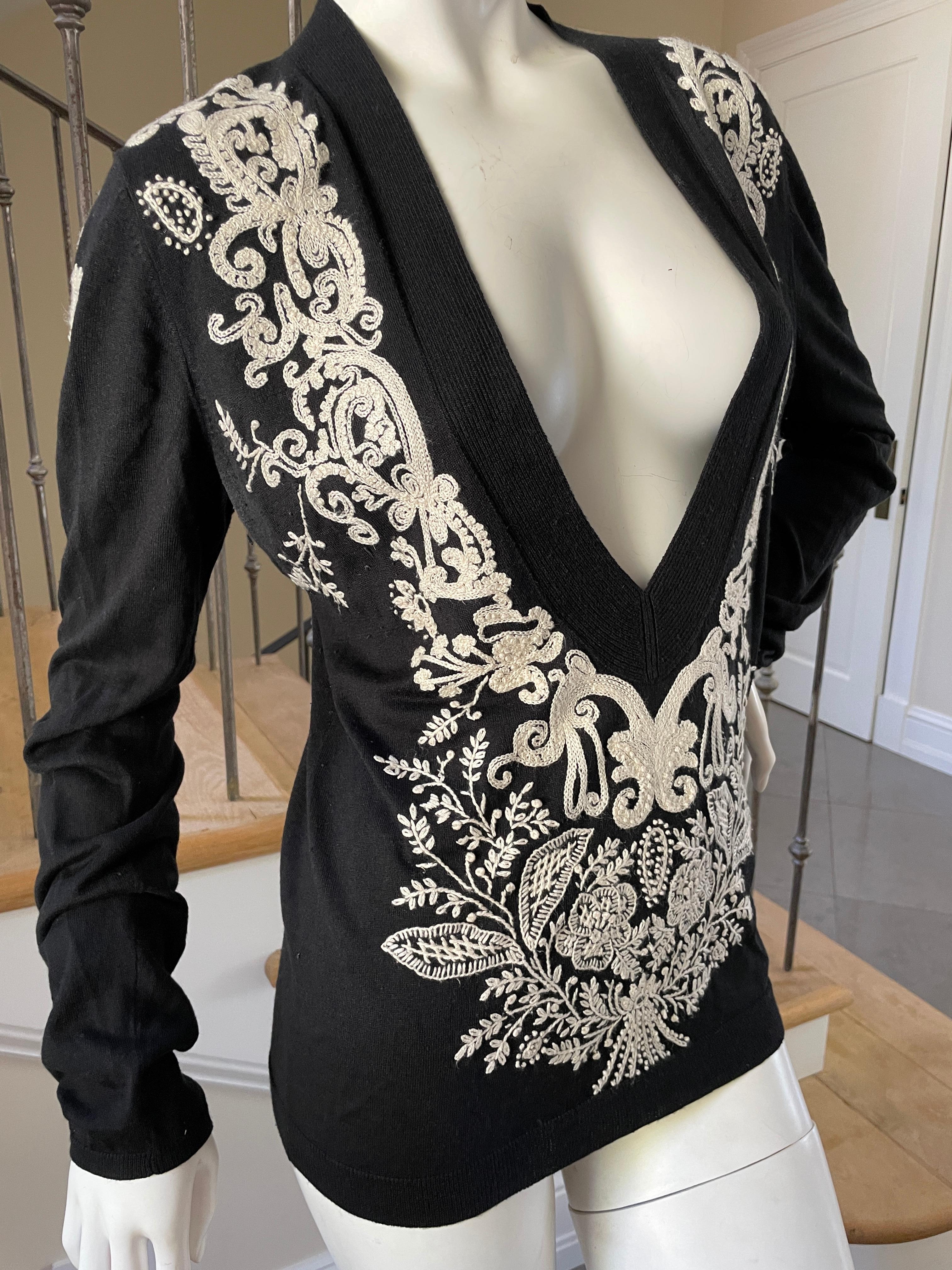 Christian Lacroix Plunging Vintage Black  Cashmere Silk Blend Embroidered Top In Excellent Condition For Sale In Cloverdale, CA