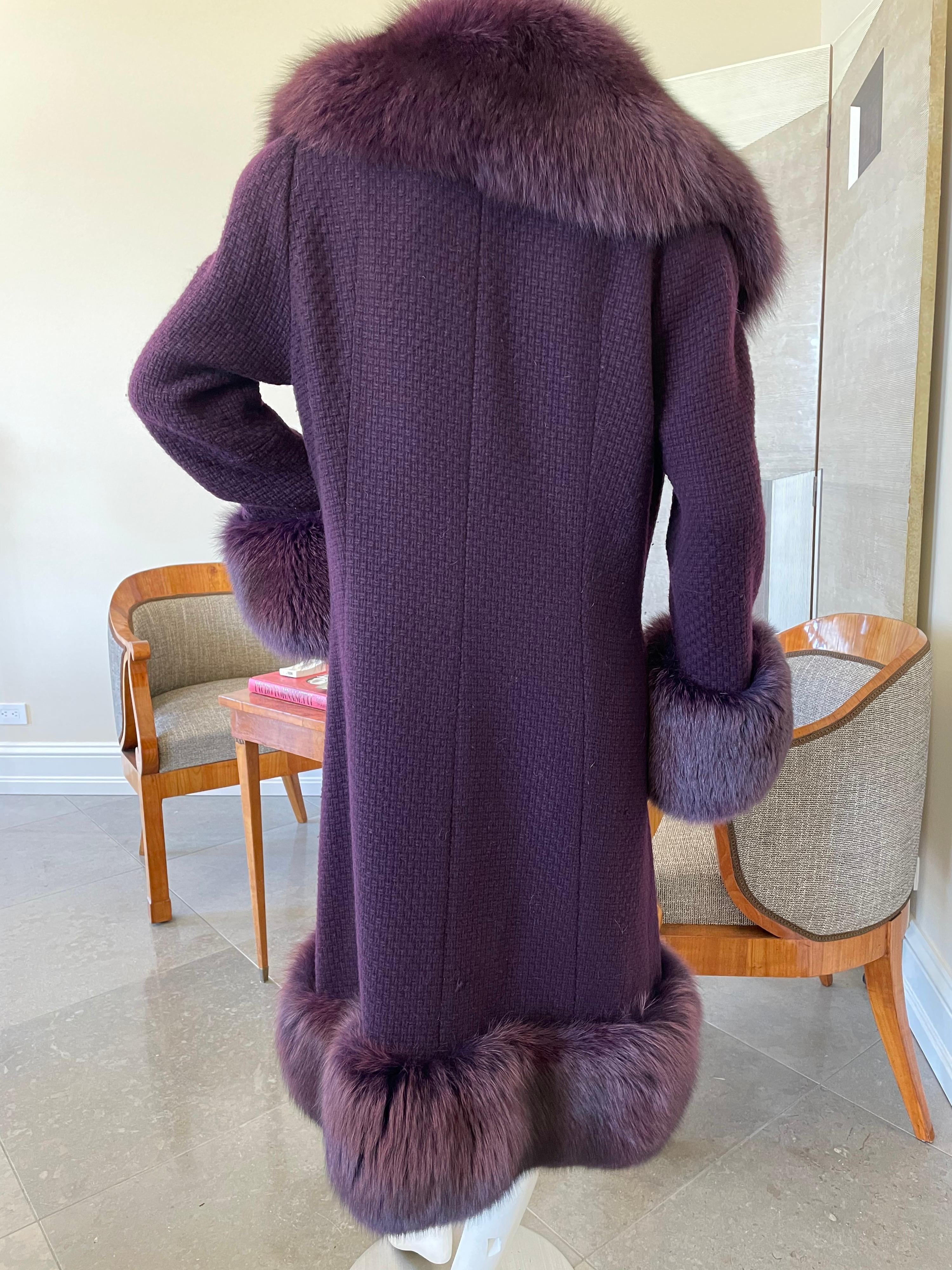 Black Christian Lacroix Purple Pure Cashmere Coat with Fox Trim For Sale