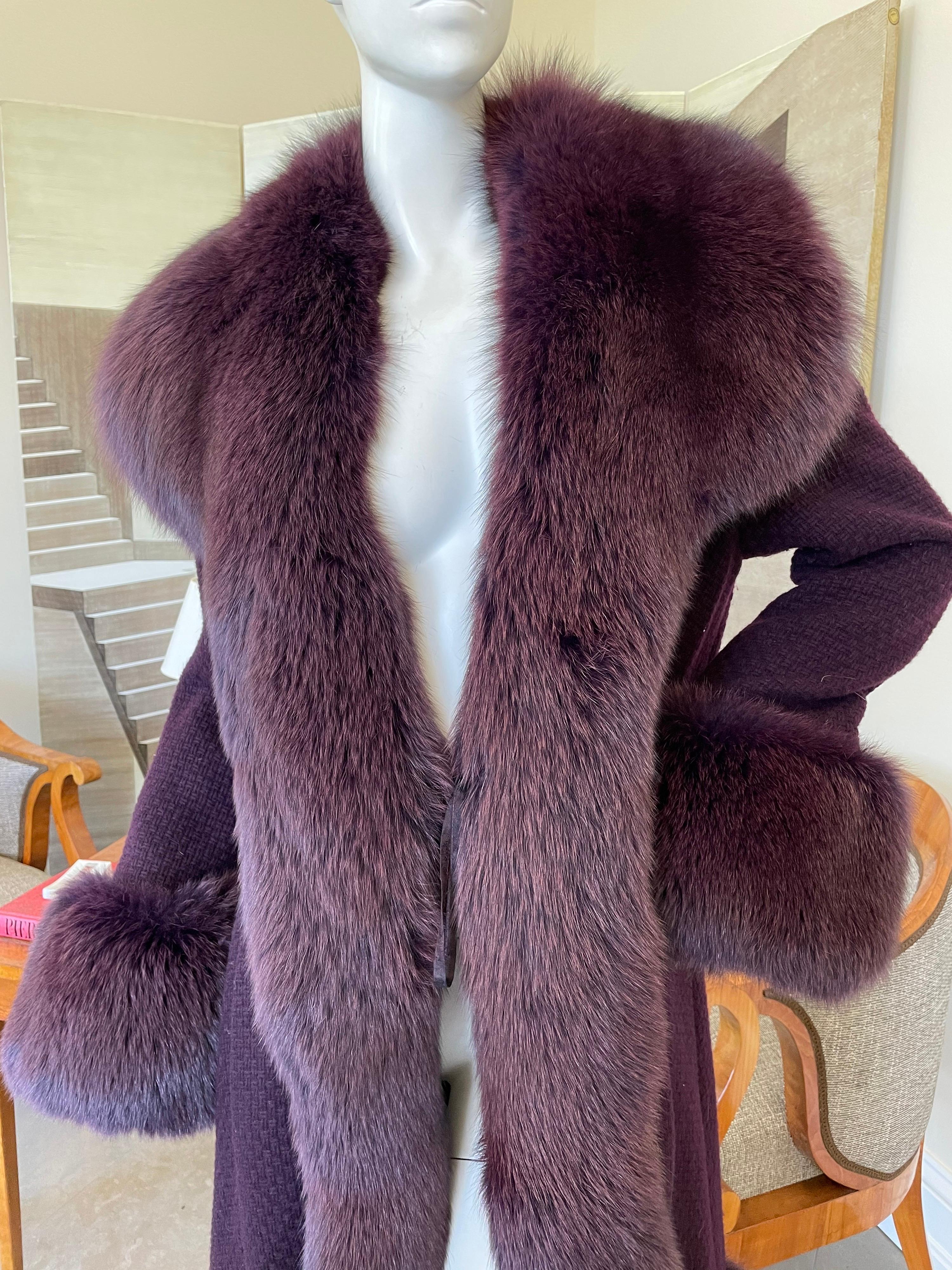 Christian Lacroix Purple Pure Cashmere Coat with Fox Trim In Excellent Condition For Sale In Cloverdale, CA