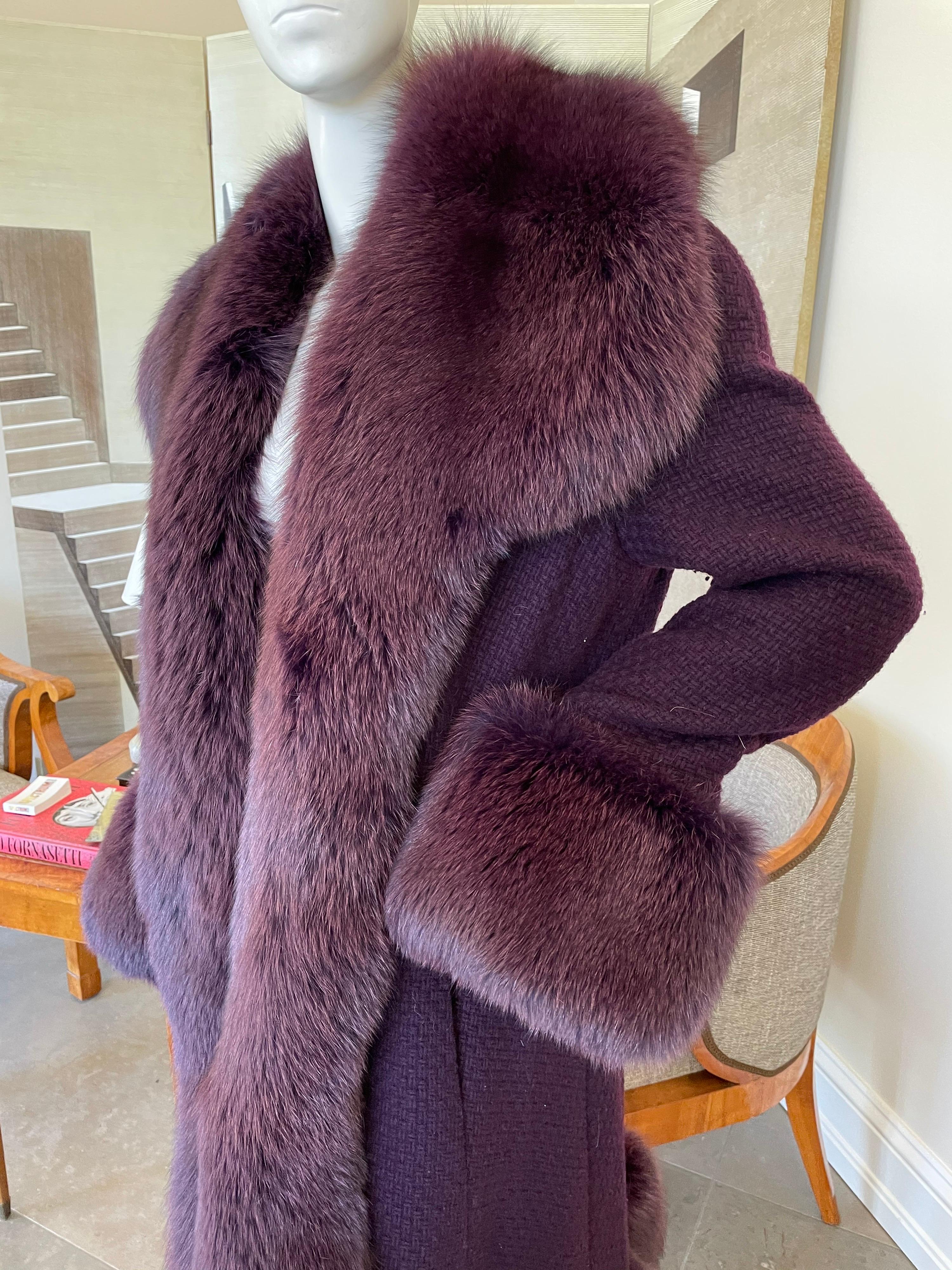 Women's or Men's Christian Lacroix Purple Pure Cashmere Coat with Fox Trim For Sale