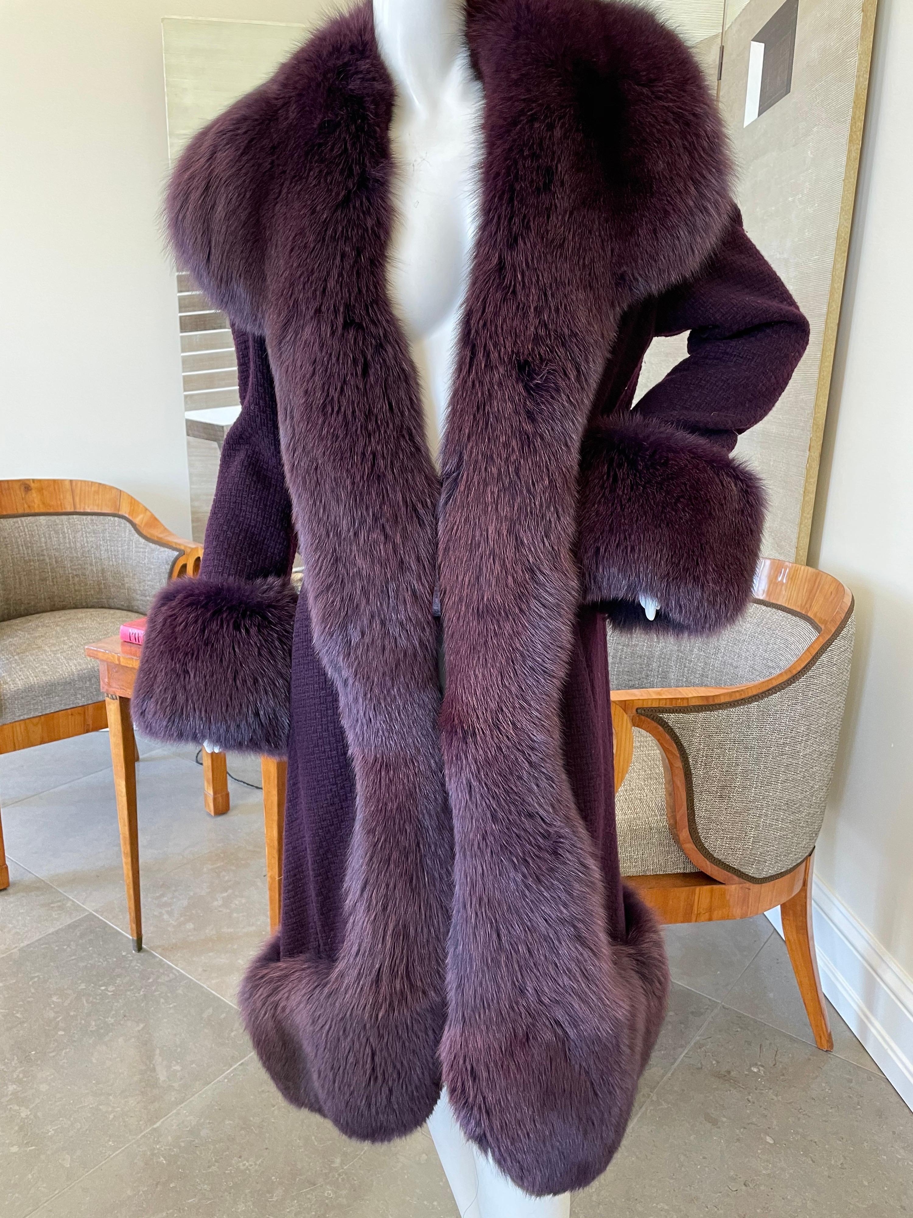 Christian Lacroix Purple Pure Cashmere Coat with Fox Trim For Sale 1