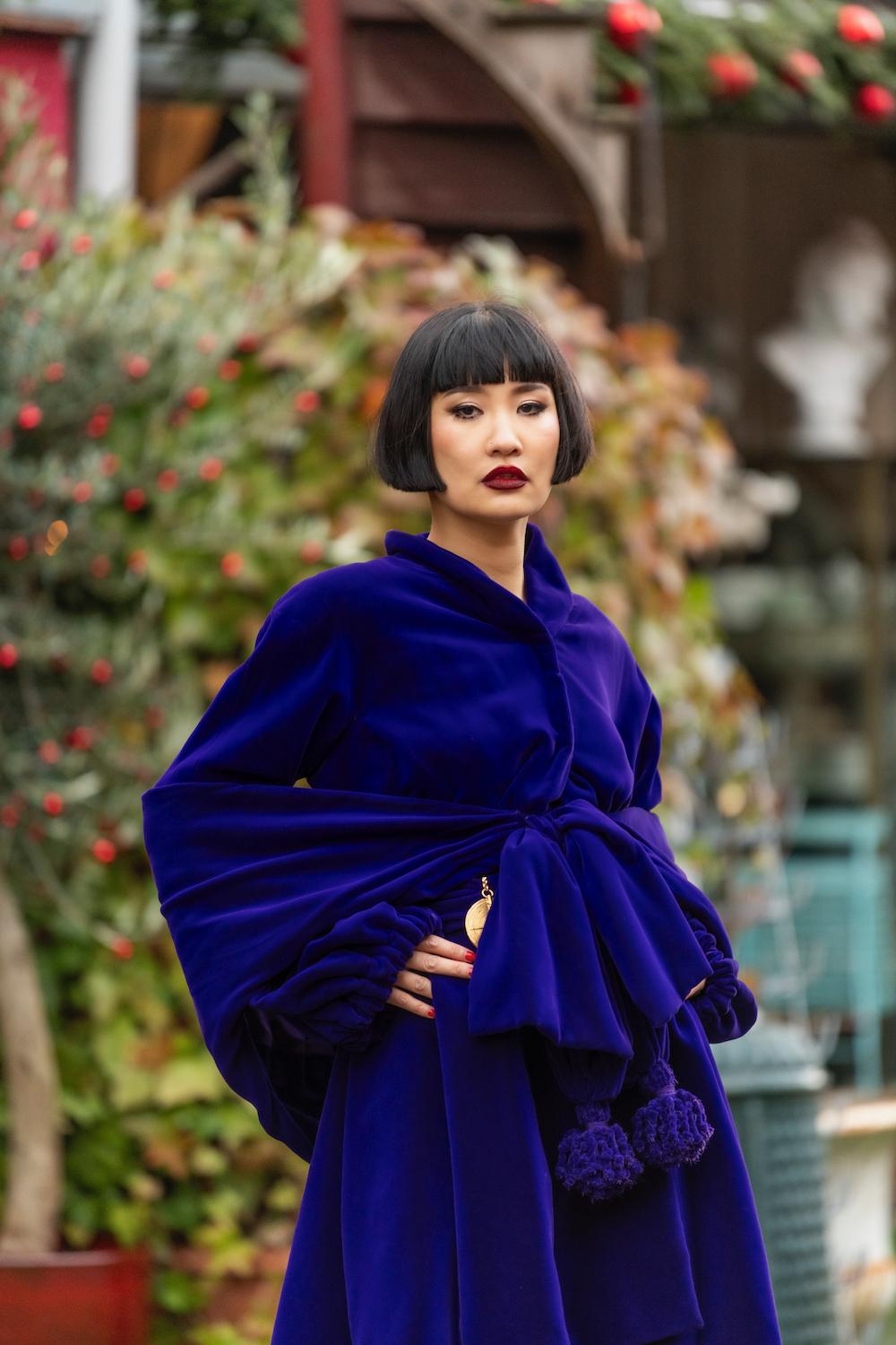Black Christian Lacroix Purple Silk Velvet Haute Couture Coat, Size 44FR For Sale