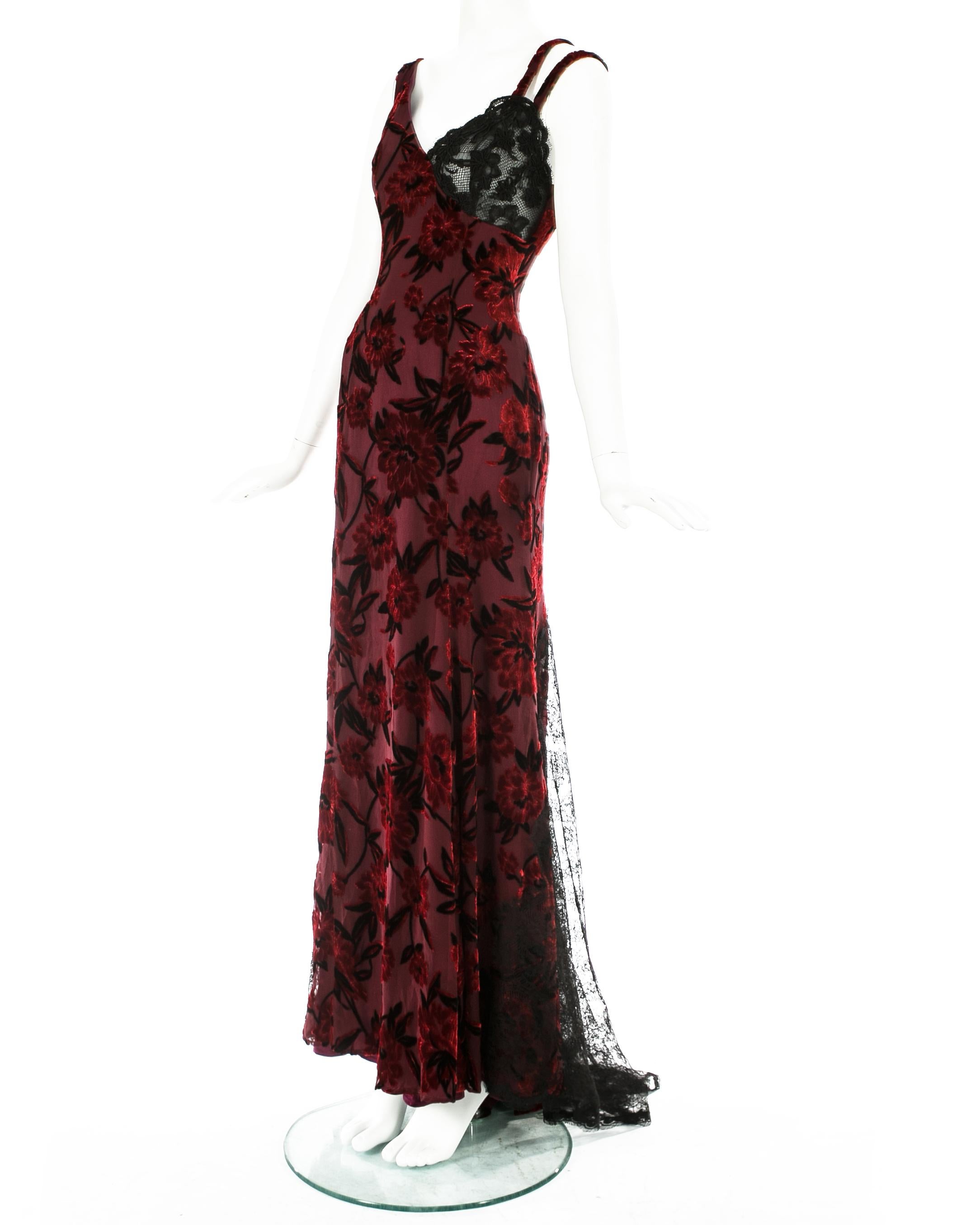 Christian Lacroix red and black silk devore evening dress with lace train.

c. 1990s