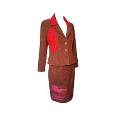 Christian Lacroix Red Boucle and Loop Knit Skirt Suit, 1990s