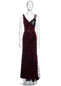 Christian Lacroix red silk devoré and black lace trained evening dress, fw 1995