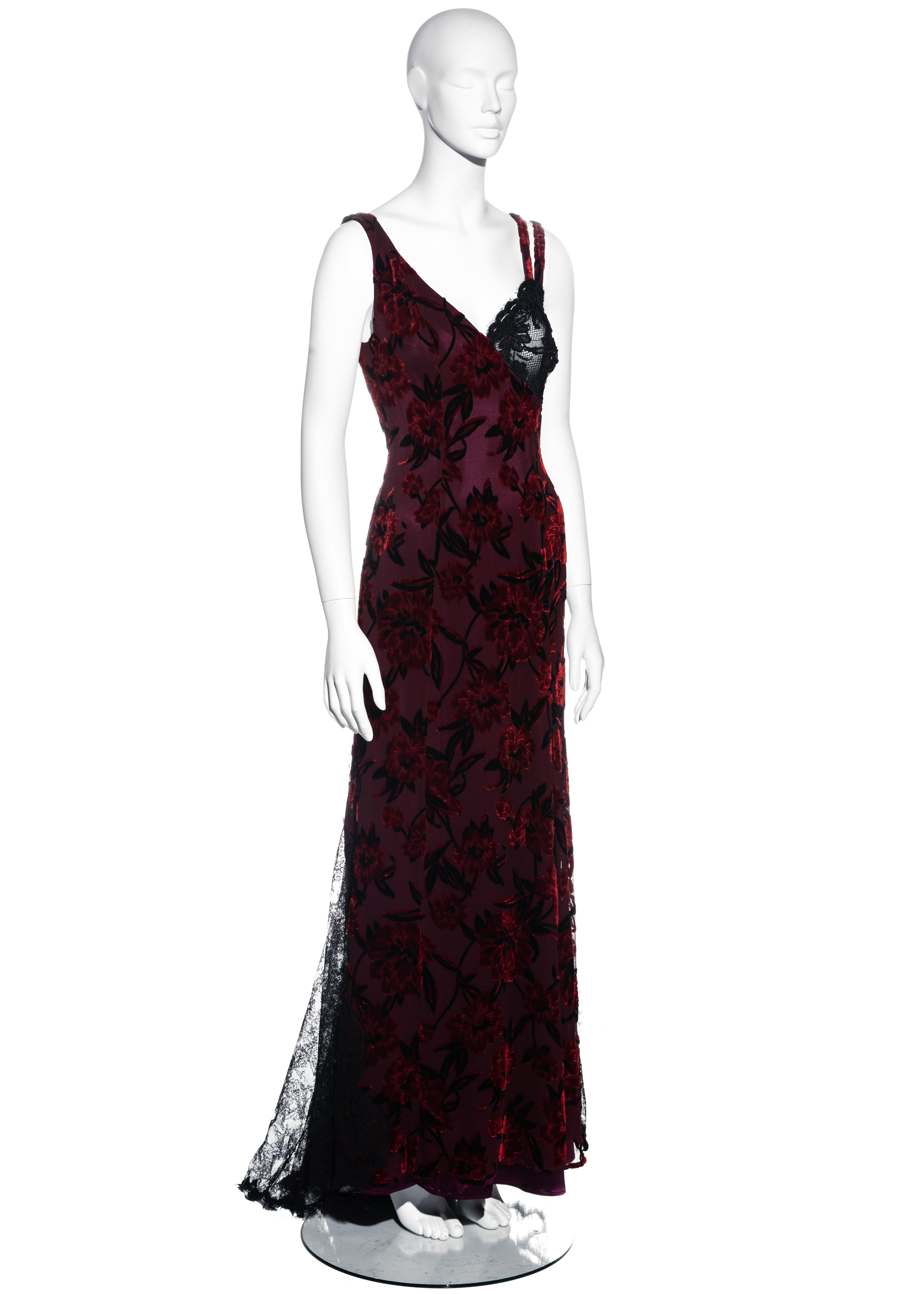 Black Christian Lacroix red silk devoré and black lace trained evening dress, fw 1995