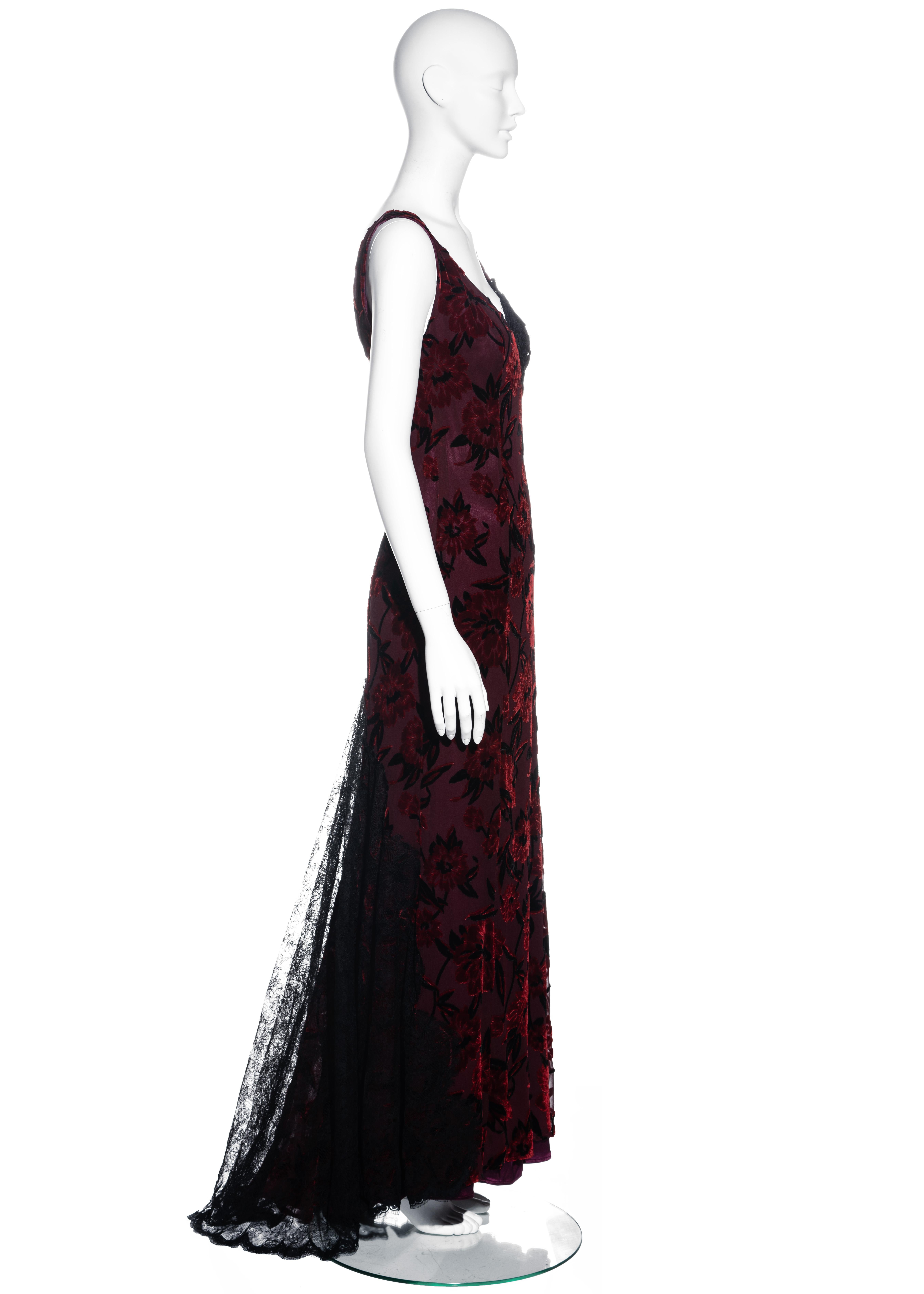 Women's Christian Lacroix red silk devoré and black lace trained evening dress, fw 1995