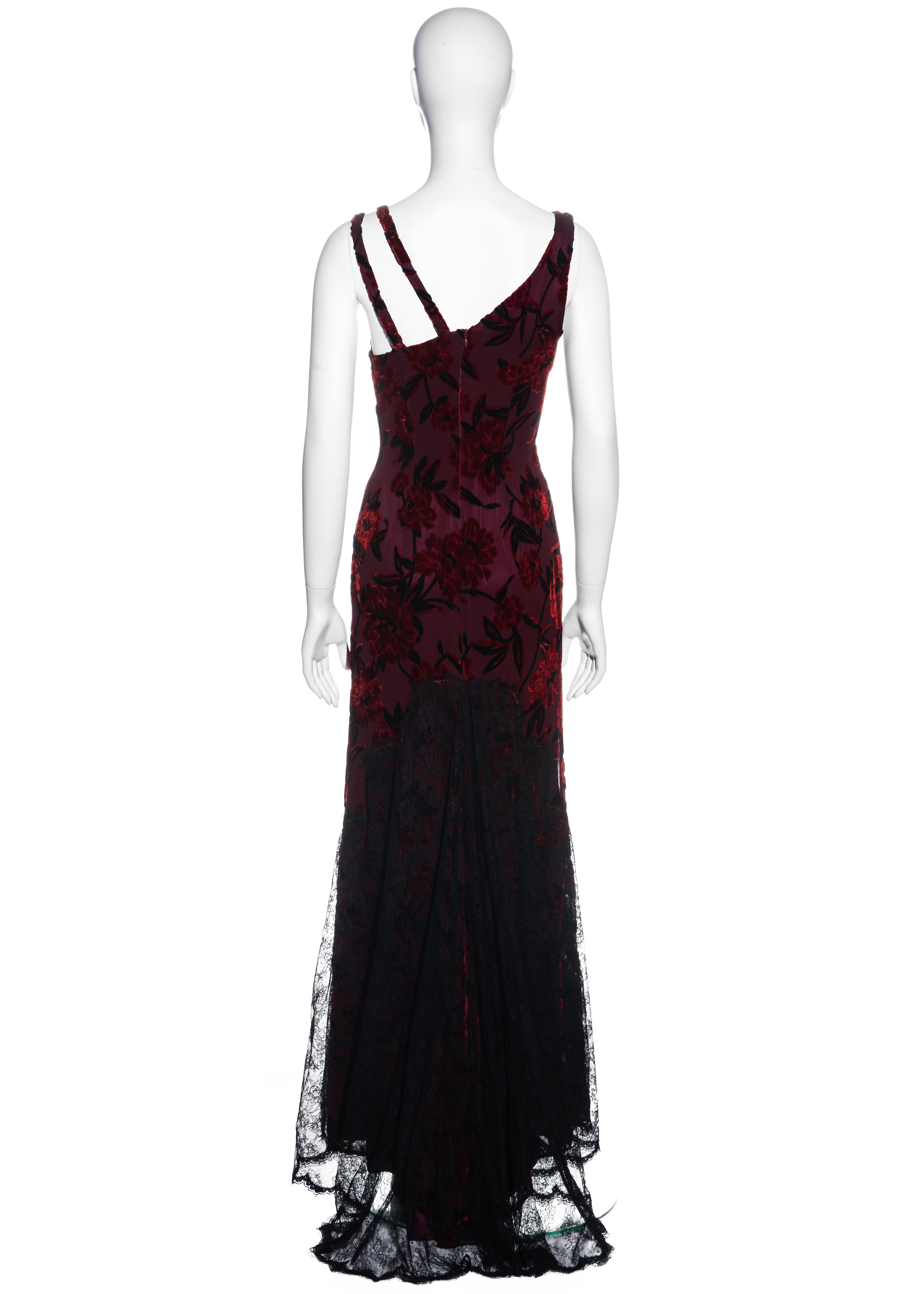 Christian Lacroix red silk devoré and black lace trained evening dress, fw 1995 1