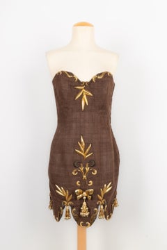 Christian Lacroix Robe Haute Couture Dress in Brown Linen and Golden Embroidery