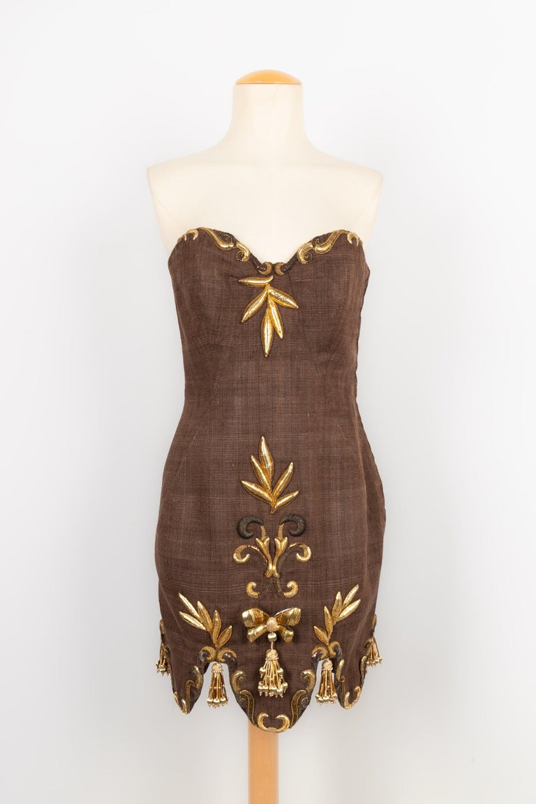 Christian Lacroix Robe Haute Couture Dress in Brown Linen and Golden  Embroidery For Sale at 1stDibs