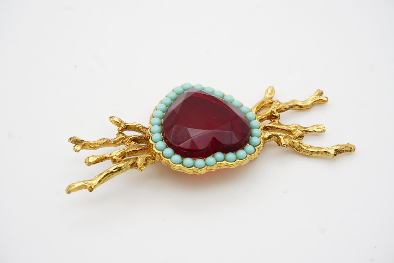 Christian Lacroix Ruby Crystal Heart Turquoise Beaded Pearls Coral Wings Brooch For Sale 6