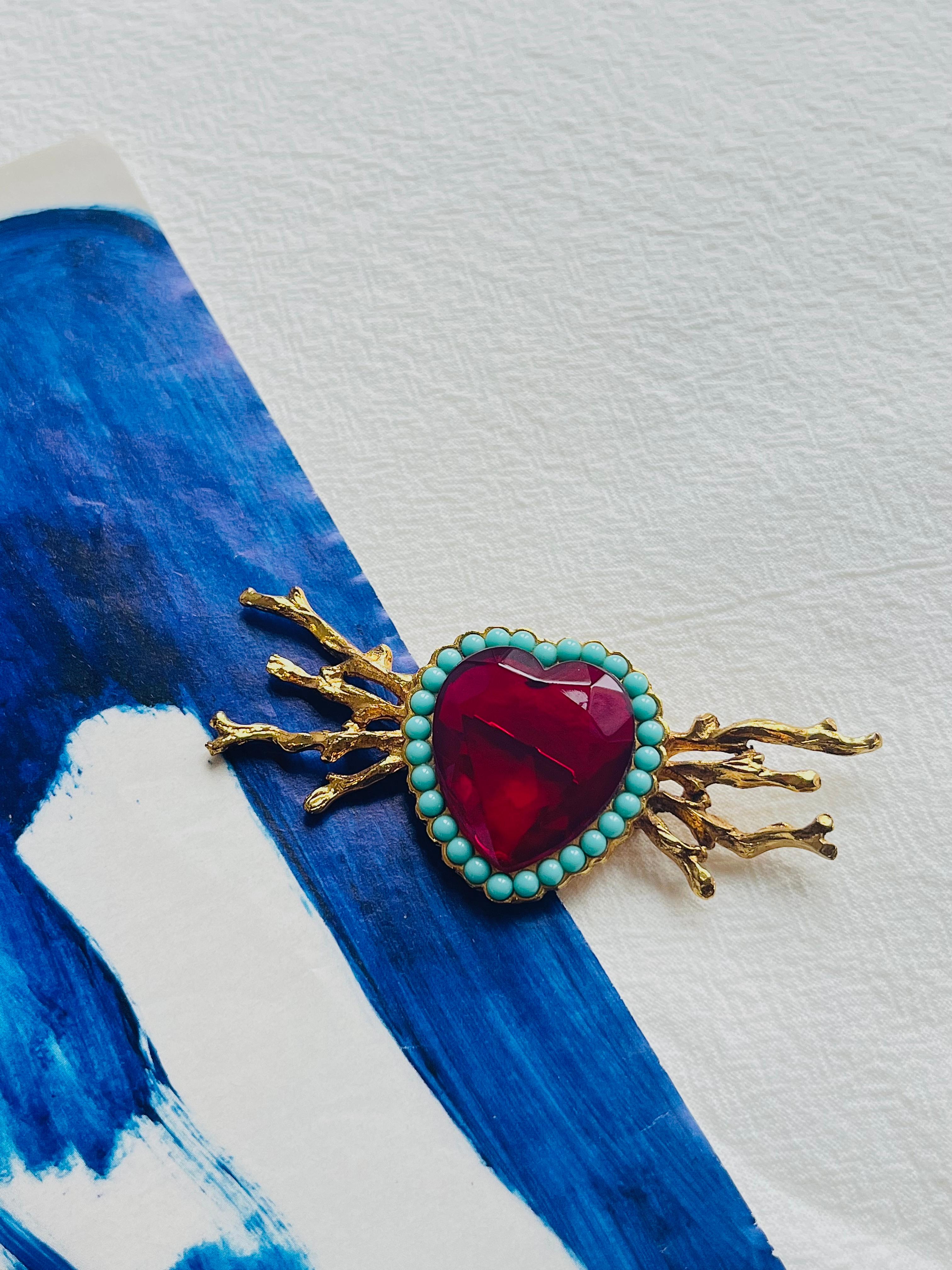Christian Lacroix Ruby Crystal Heart Turquoise Beaded Pearls Coral Wings Brooch In Excellent Condition For Sale In Wokingham, England