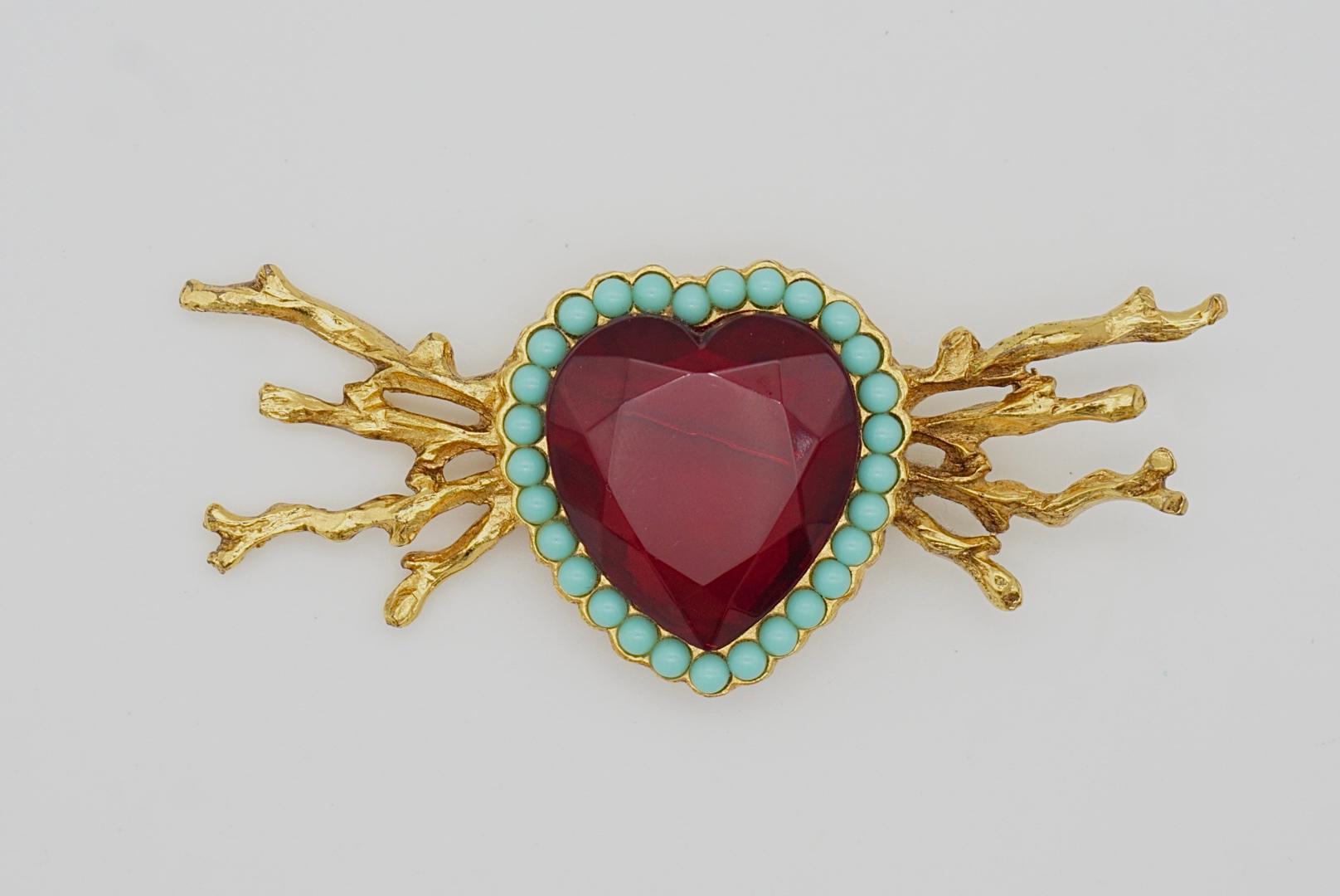 Christian Lacroix Ruby Crystal Heart Turquoise Beaded Pearls Coral Wings Brooch For Sale 3