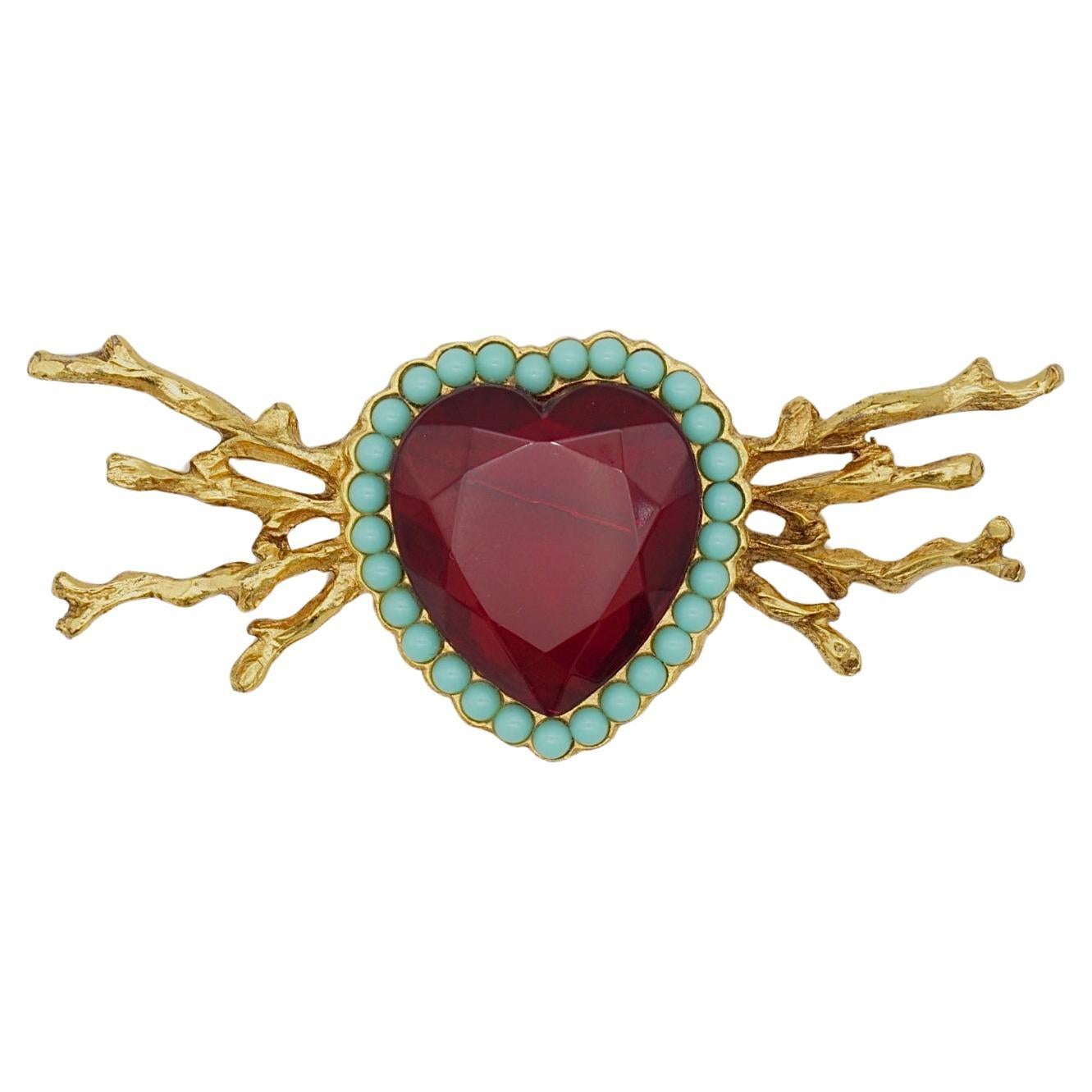 Christian Lacroix Ruby Crystal Heart Turquoise Beaded Pearls Coral Wings Brooch For Sale