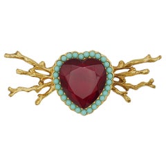 Vintage Christian Lacroix Ruby Crystal Heart Turquoise Beaded Pearls Coral Wings Brooch