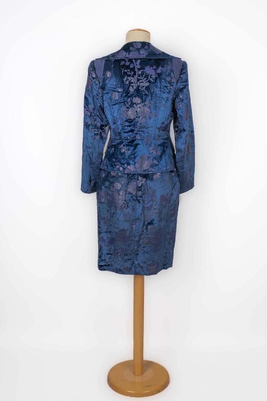 Bleu Christian Lacroix tailleur jupe en satin et velours bleu en vente