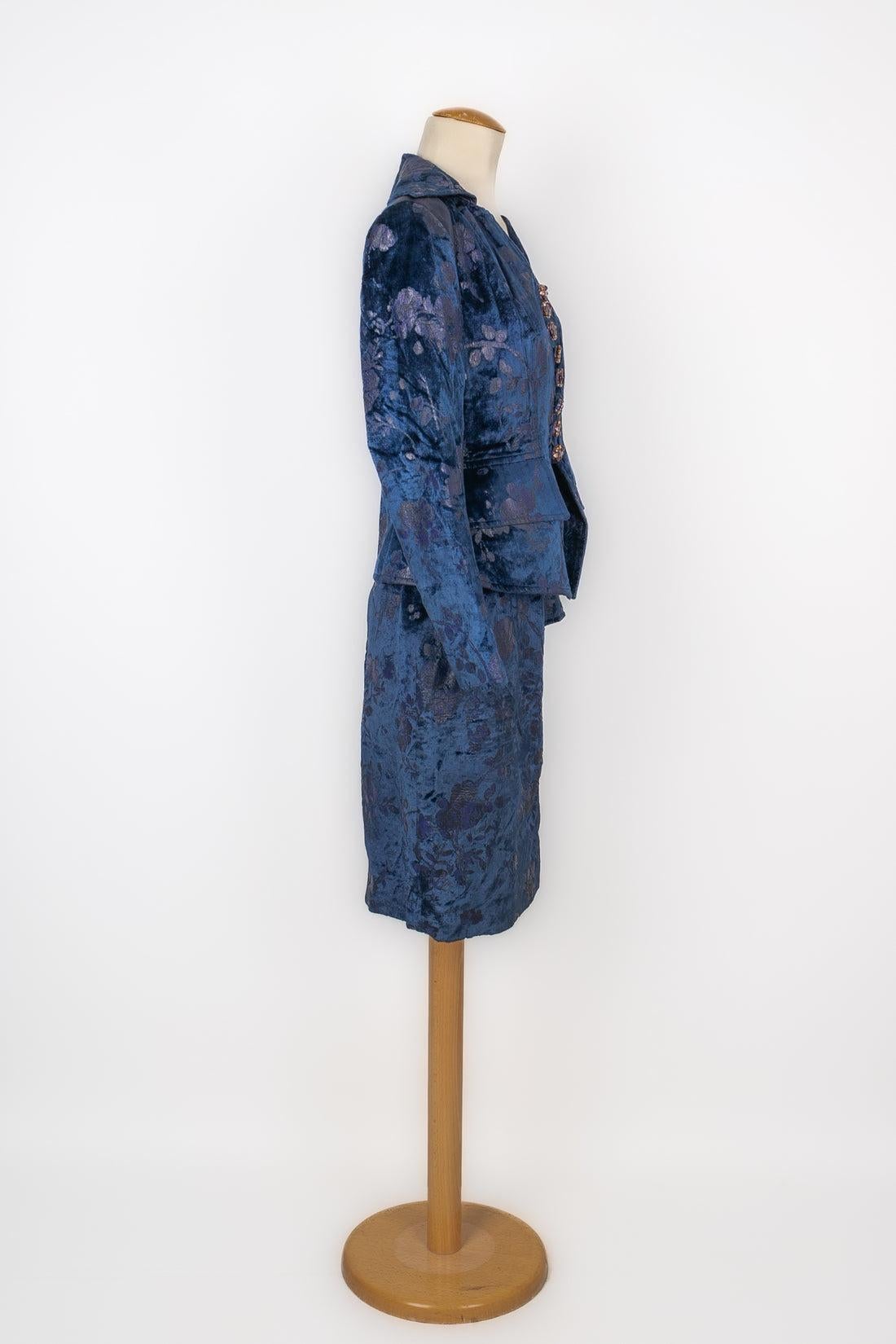 Christian Lacroix tailleur jupe en satin et velours bleu Excellent état - En vente à SAINT-OUEN-SUR-SEINE, FR