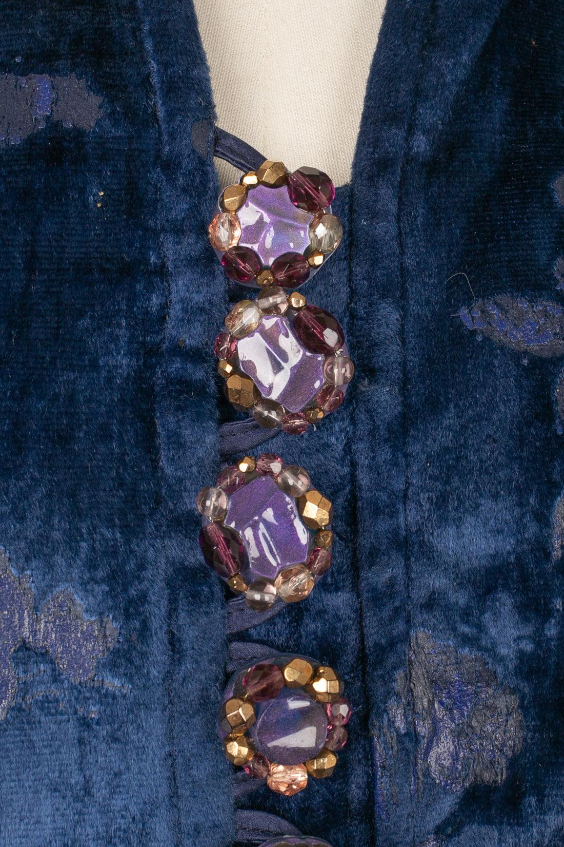 Christian Lacroix tailleur jupe en satin et velours bleu en vente 3