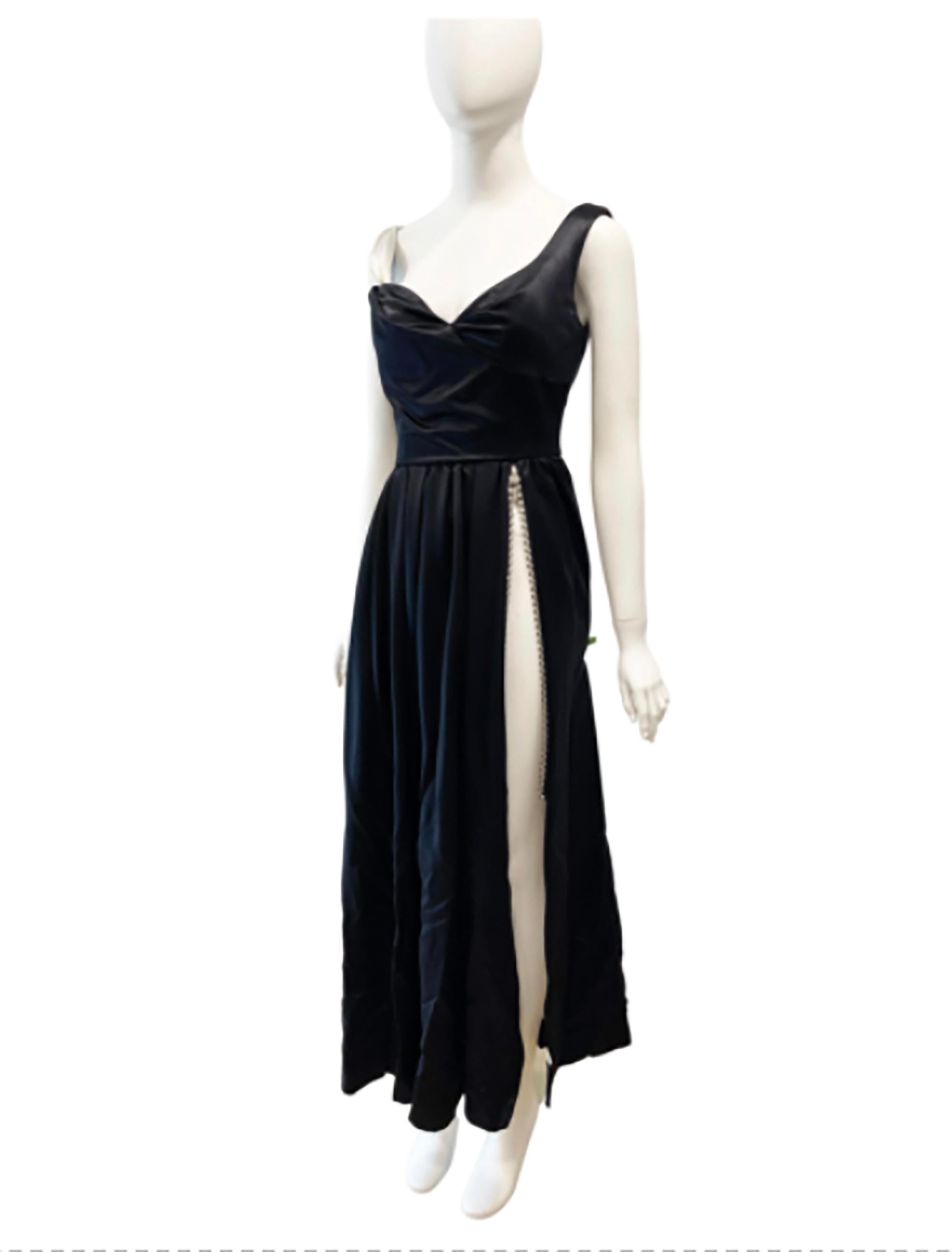 Black Christian Lacroix satin gown with crystal zipper slit