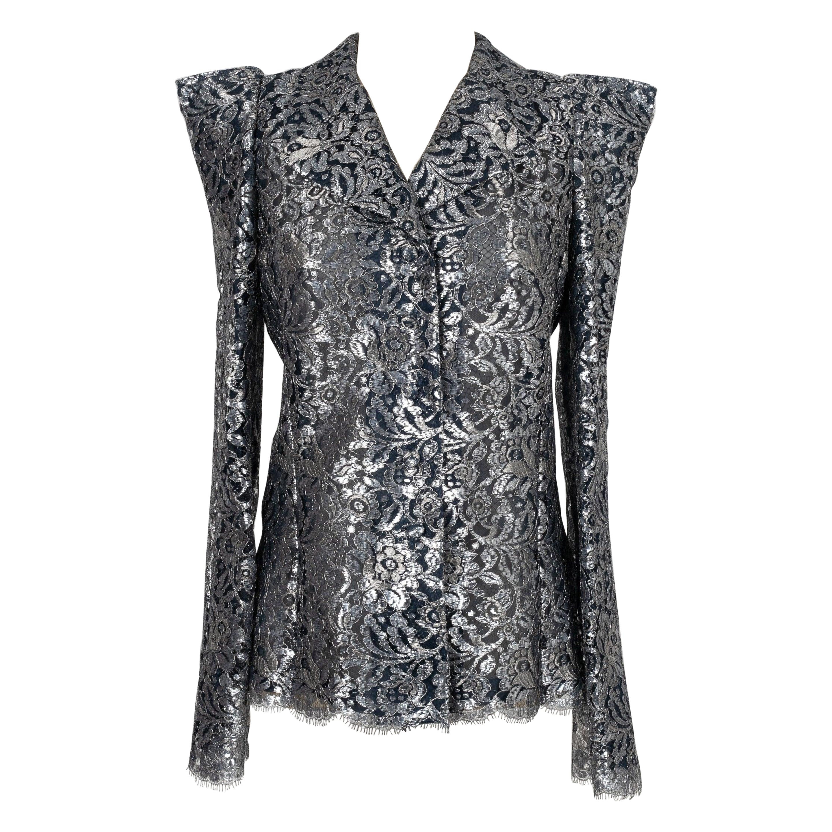 Veste en dentelle argentée et bleue de Christian Lacroix