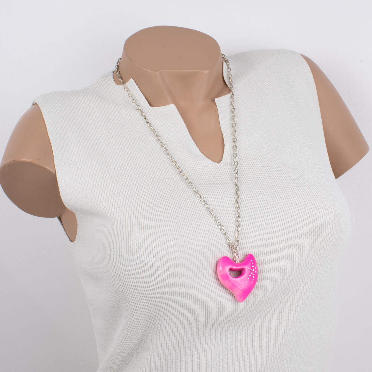 Modern Christian Lacroix Silver Plate Chain Necklace with Hot Pink Resin Heart For Sale