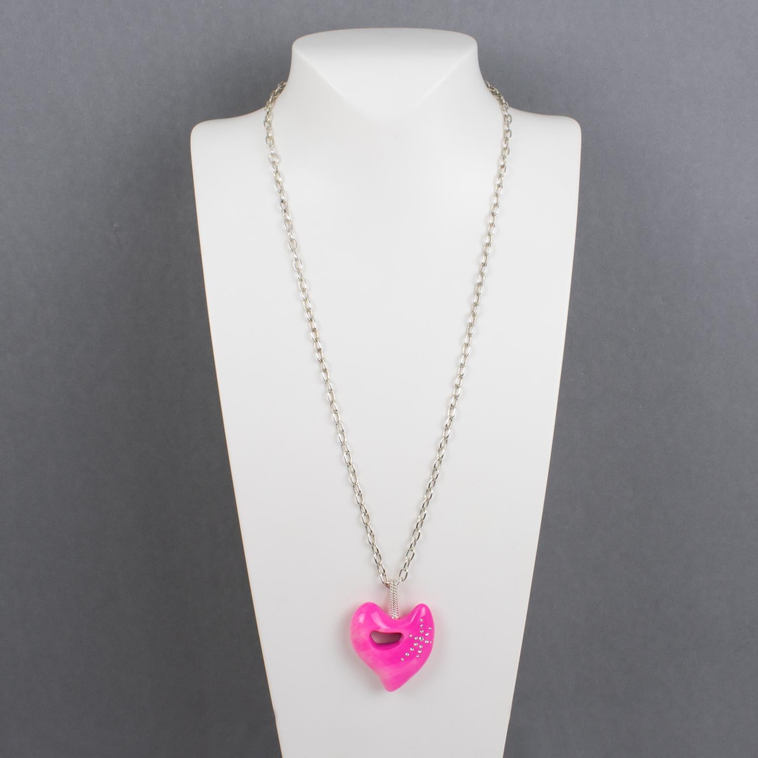 Christian Lacroix Silver Plate Chain Necklace with Hot Pink Resin Heart In Good Condition For Sale In Atlanta, GA