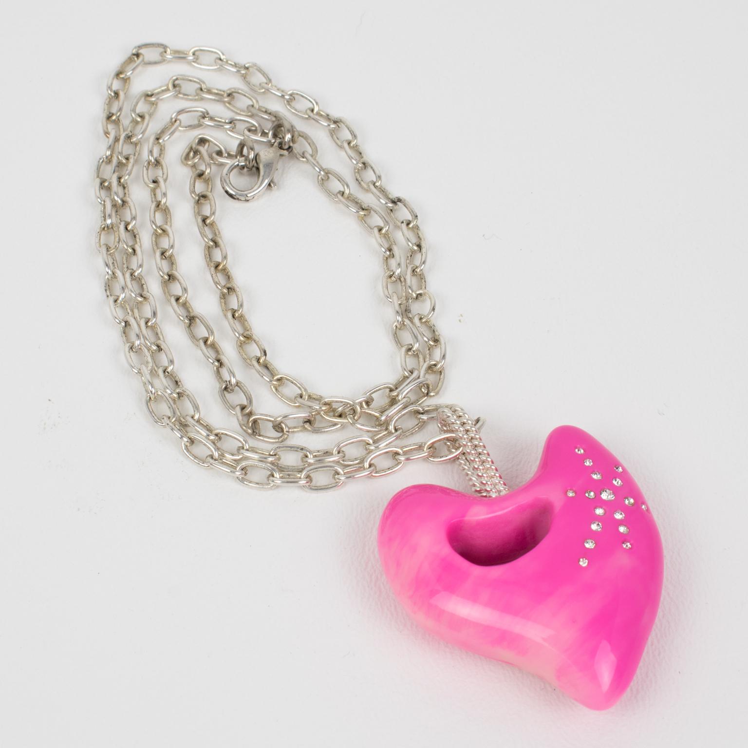 Women's Christian Lacroix Silver Plate Chain Necklace with Hot Pink Resin Heart For Sale