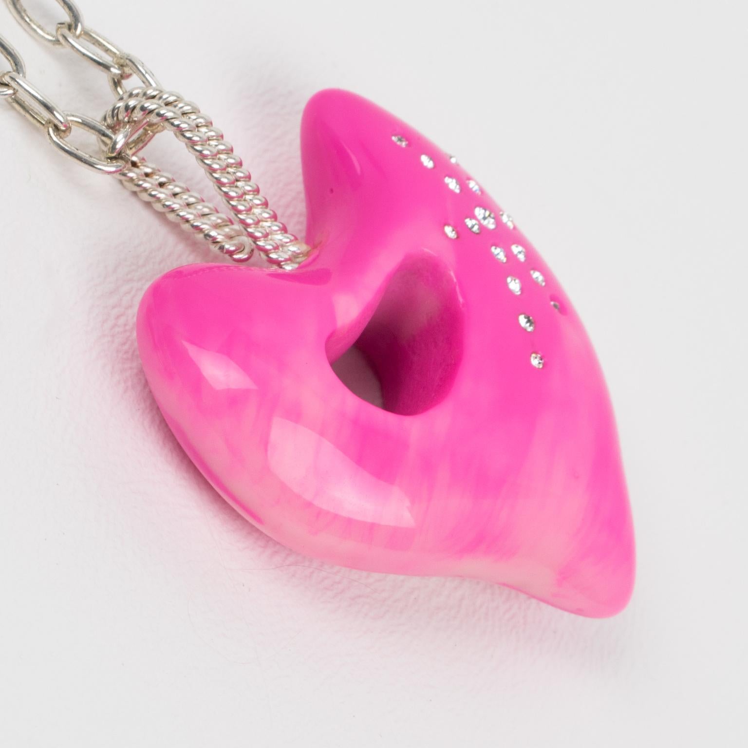Christian Lacroix Silver Plate Chain Necklace with Hot Pink Resin Heart For Sale 2