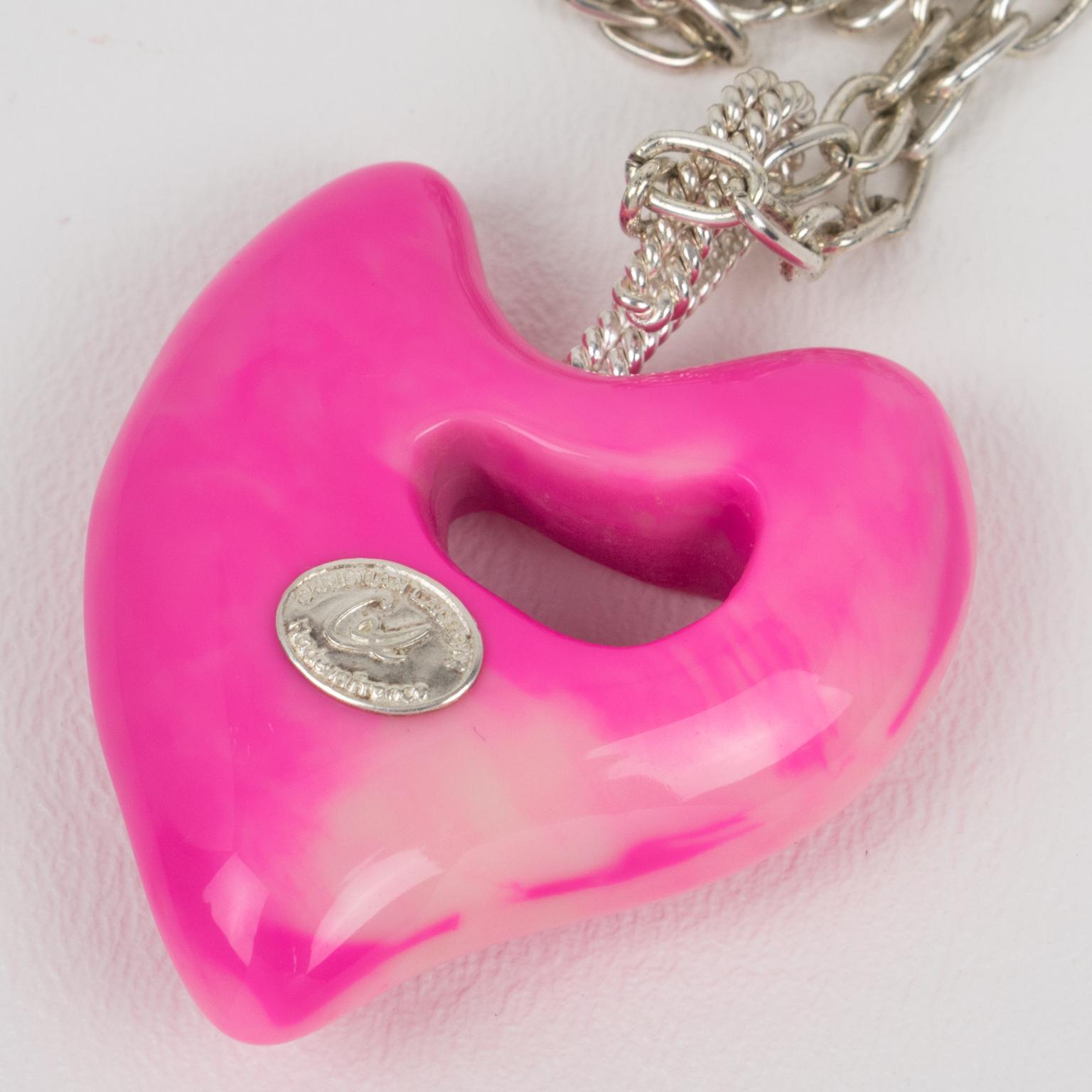 Christian Lacroix Silver Plate Chain Necklace with Hot Pink Resin Heart For Sale 3
