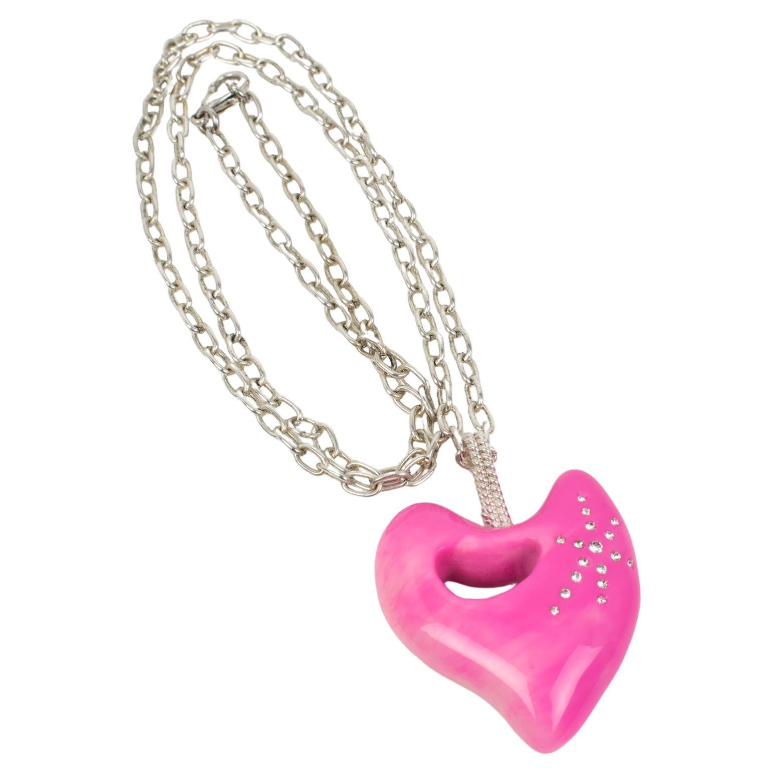 Christian Lacroix Silver Plate Chain Necklace with Hot Pink Resin Heart For Sale