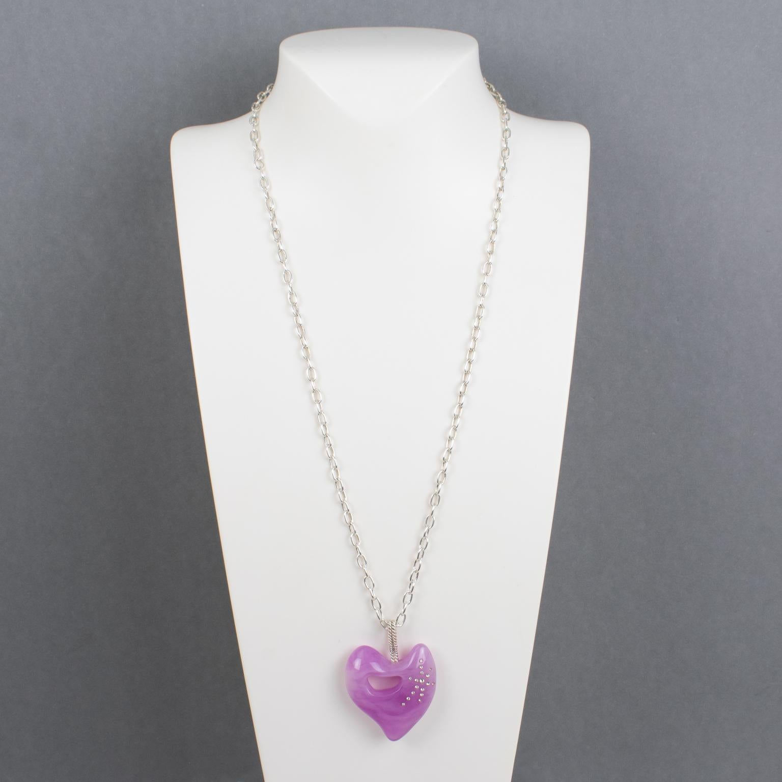 Modern Christian Lacroix Silver Plate Chain Necklace with Purple Lavender Resin Heart For Sale