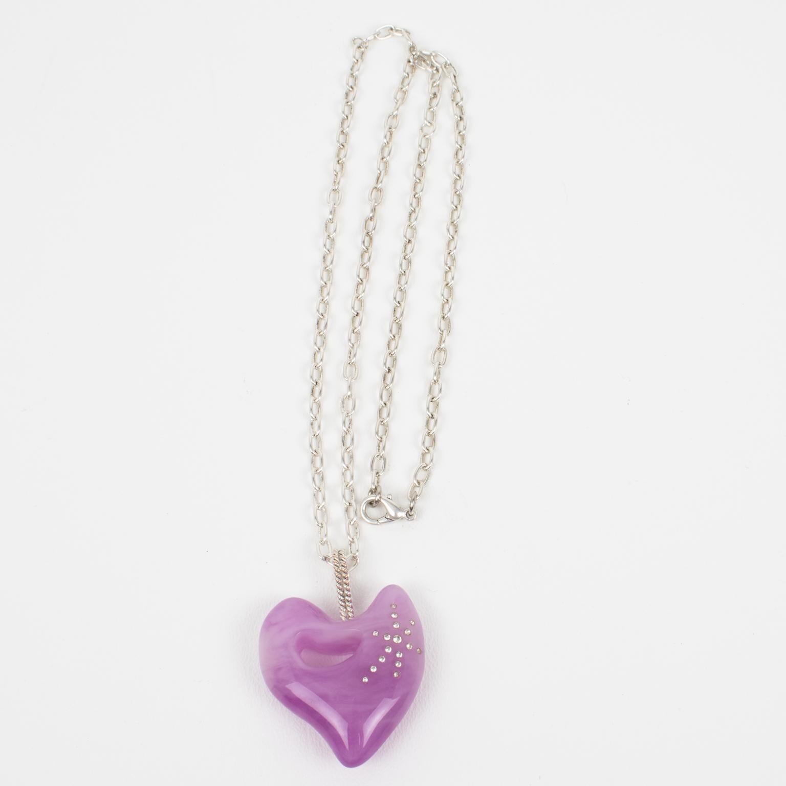 Christian Lacroix Silver Plate Chain Necklace with Purple Lavender Resin Heart In Good Condition For Sale In Atlanta, GA
