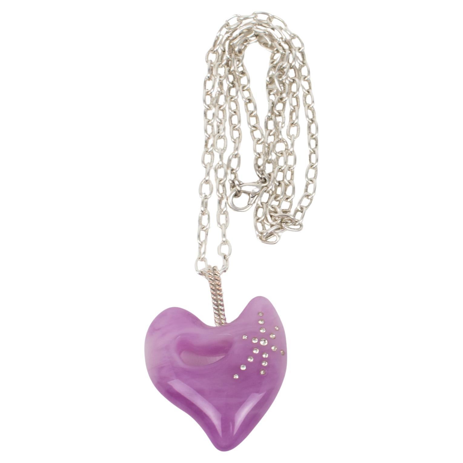 Christian Lacroix Silver Plate Chain Necklace with Purple Lavender Resin Heart For Sale