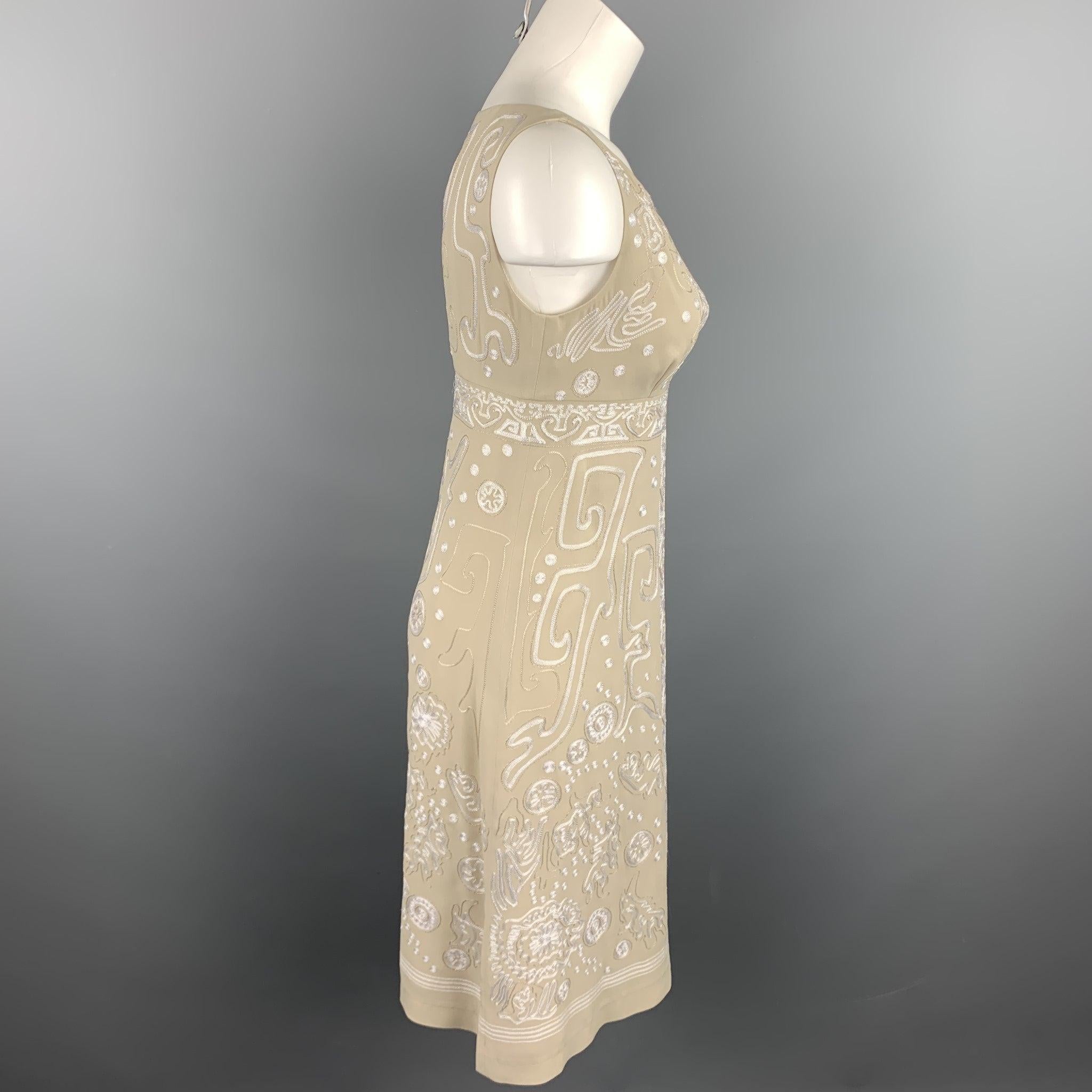 CHRISTIAN LACROIX Size 4 Beige Embroidered Silk Cocktail Shift Dress In Good Condition For Sale In San Francisco, CA
